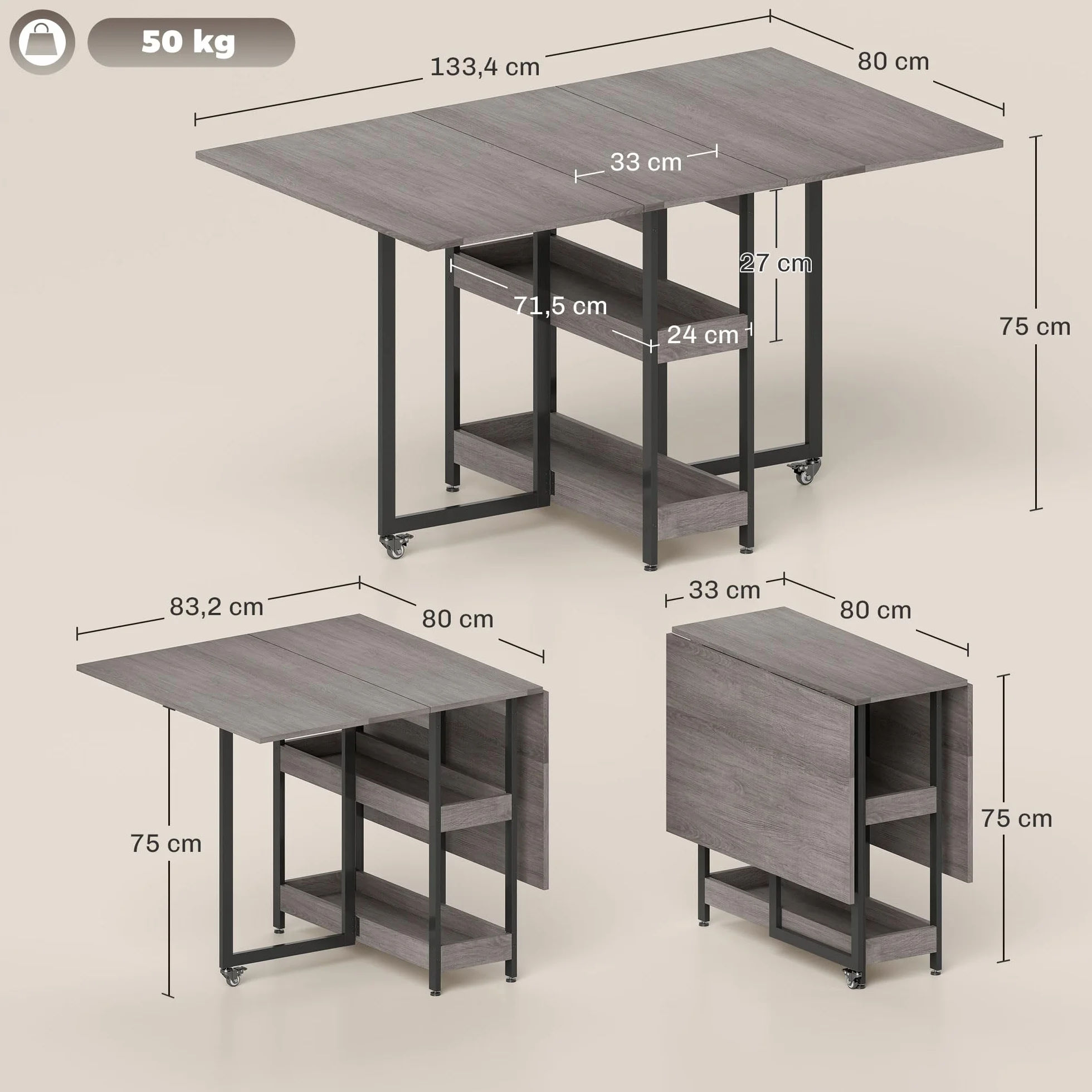 HOMCOMStół do jadalni, składany kuchenny dla 2-4 osób, z 2 otwartymi półkami, stół kuchenny z rolkami, do małych pomieszczeń, 133,4 x 80 x 75 cm, szary