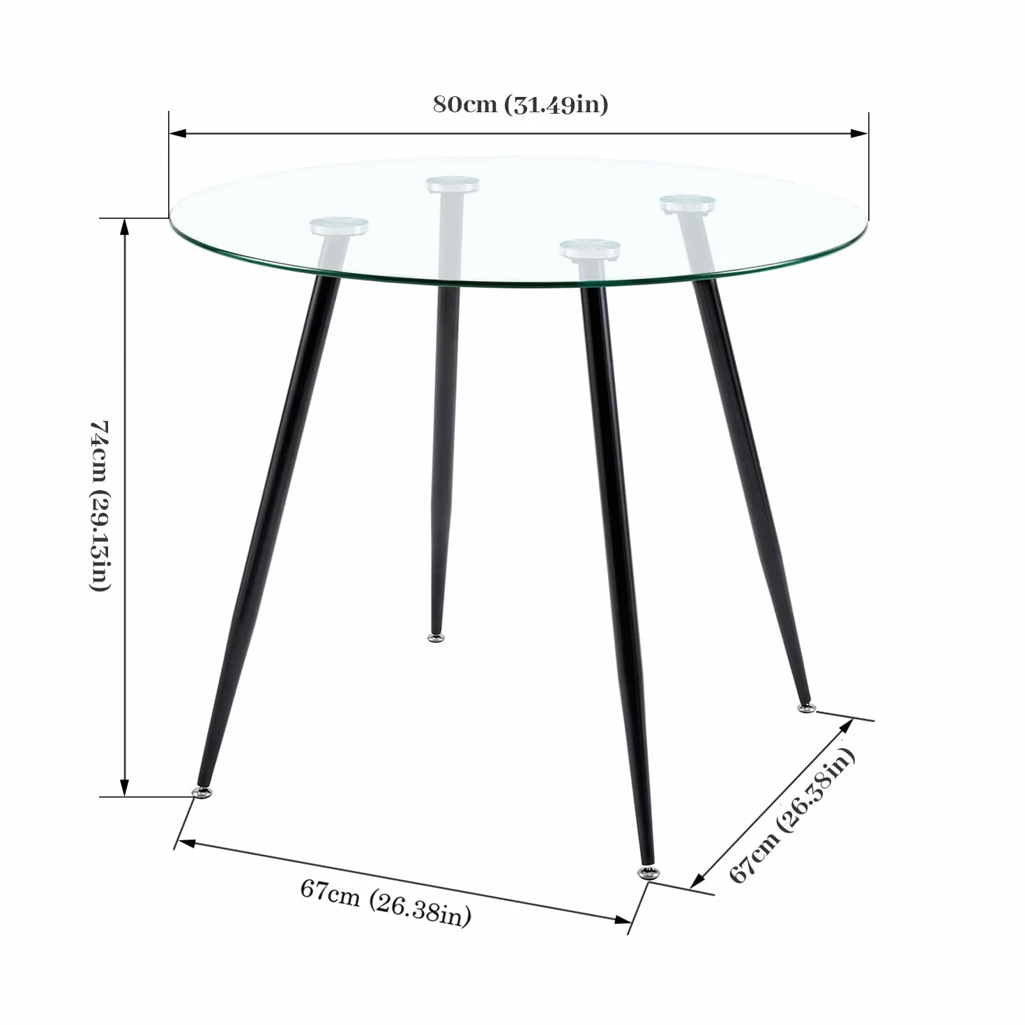 Okrągły stół jadalny ze szkła hartowanego dla 2-4 osób, nowoczesny stół kuchenny, czarne metalowe nogi, 80 x 74 cm