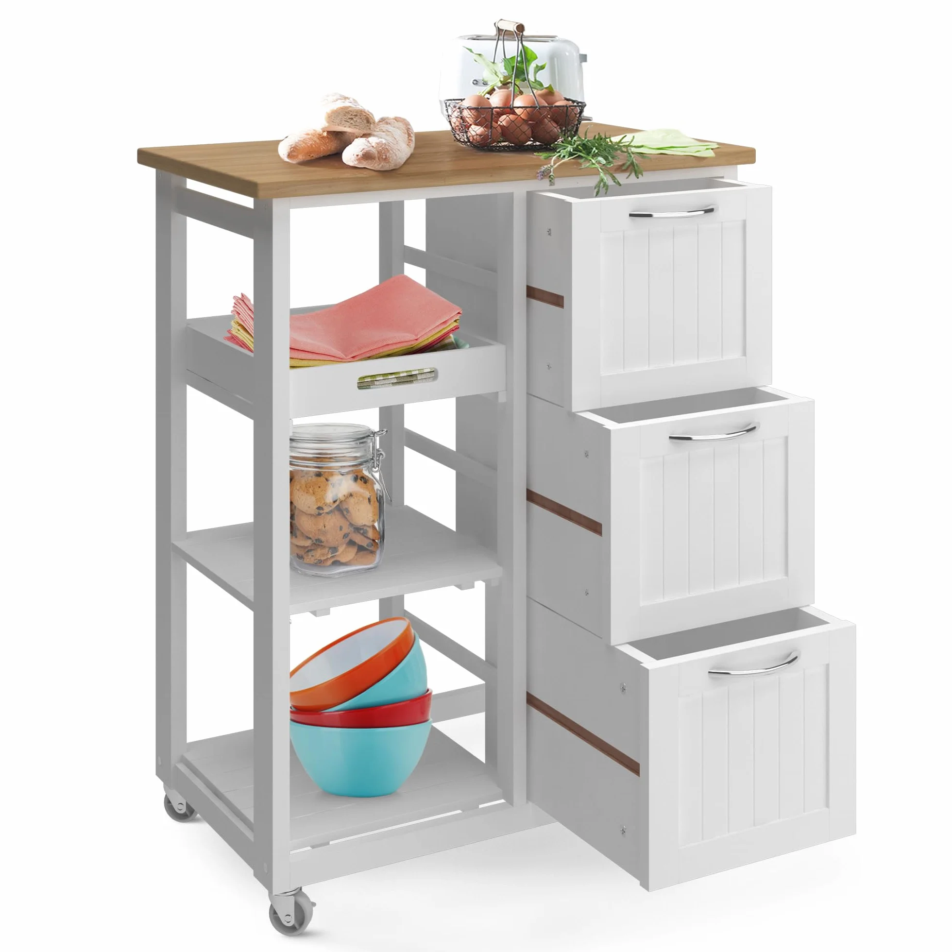 MIADOMODO® Wózek kuchenny z 3 szufladami, blat roboczy, drewno/MDF, biały 67x37x87 cm