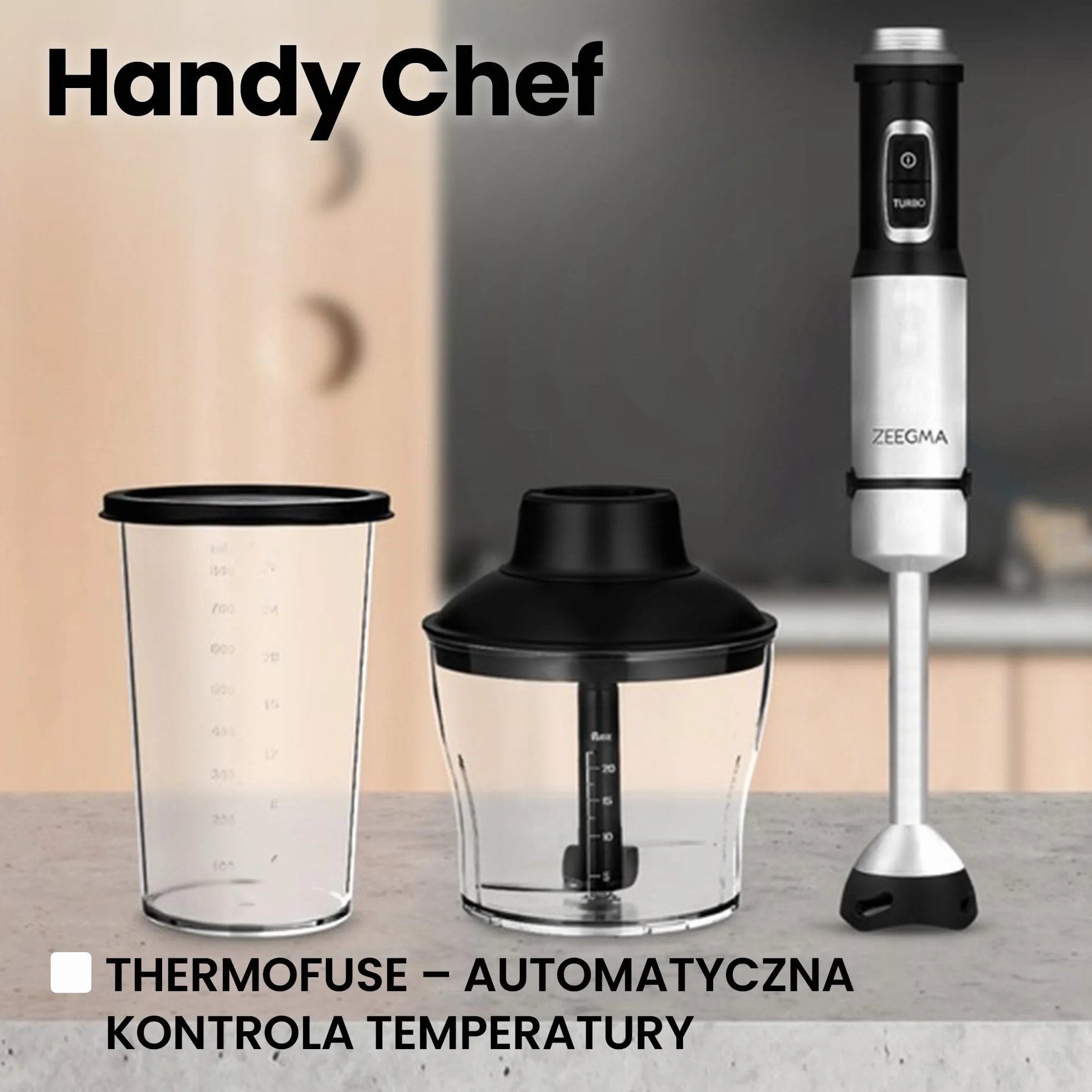 ZEEGMA Handy Chef blender ręczny 5w1 wielofunkcyjny o mocy 1500W, zestaw końcówek: blendująca, miksująca, ubijająca, hak do mieszania, malakser 0,6 l, pojemnik 0,8l, tryb turbo, regulacja prędkości