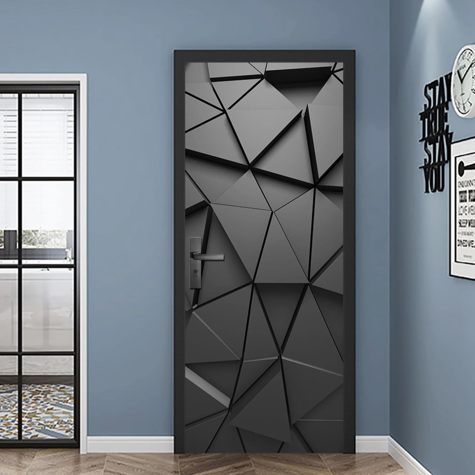 Folia na drzwi, plakat na drzwi, tapeta samoprzylepna 3D PCW, naklejka na drzwi, czarna, geometryczna, na drzwi, ścianę, okno, PCW, samoprzylepna, geometria, 2 sztuki