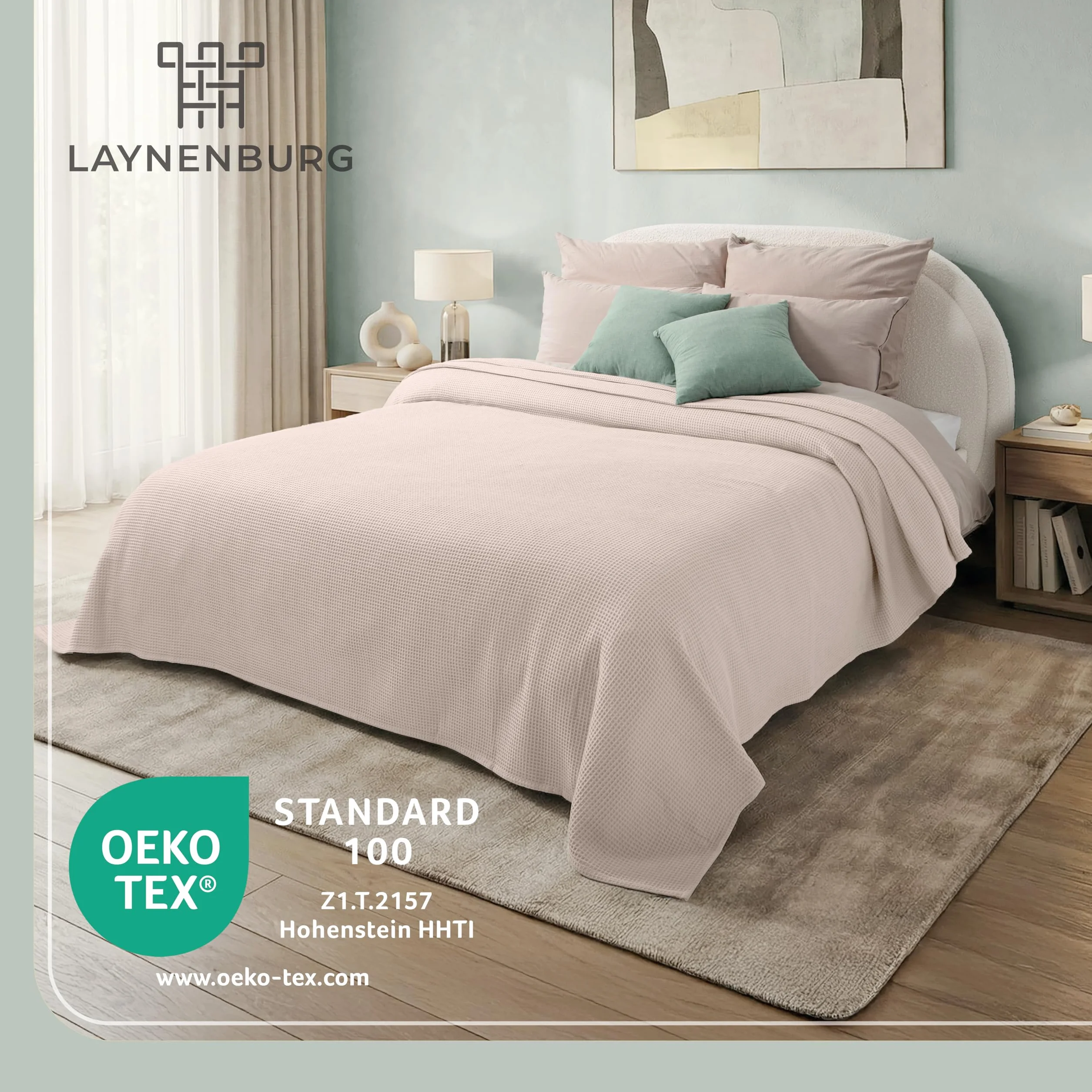 LAYNENBURG Narzuta klasy premium, 220 x 240 cm (rozmiar XXL), 100% bawełny o strukturze waflowej, lekka narzuta na łóżko, sofę, beżowa