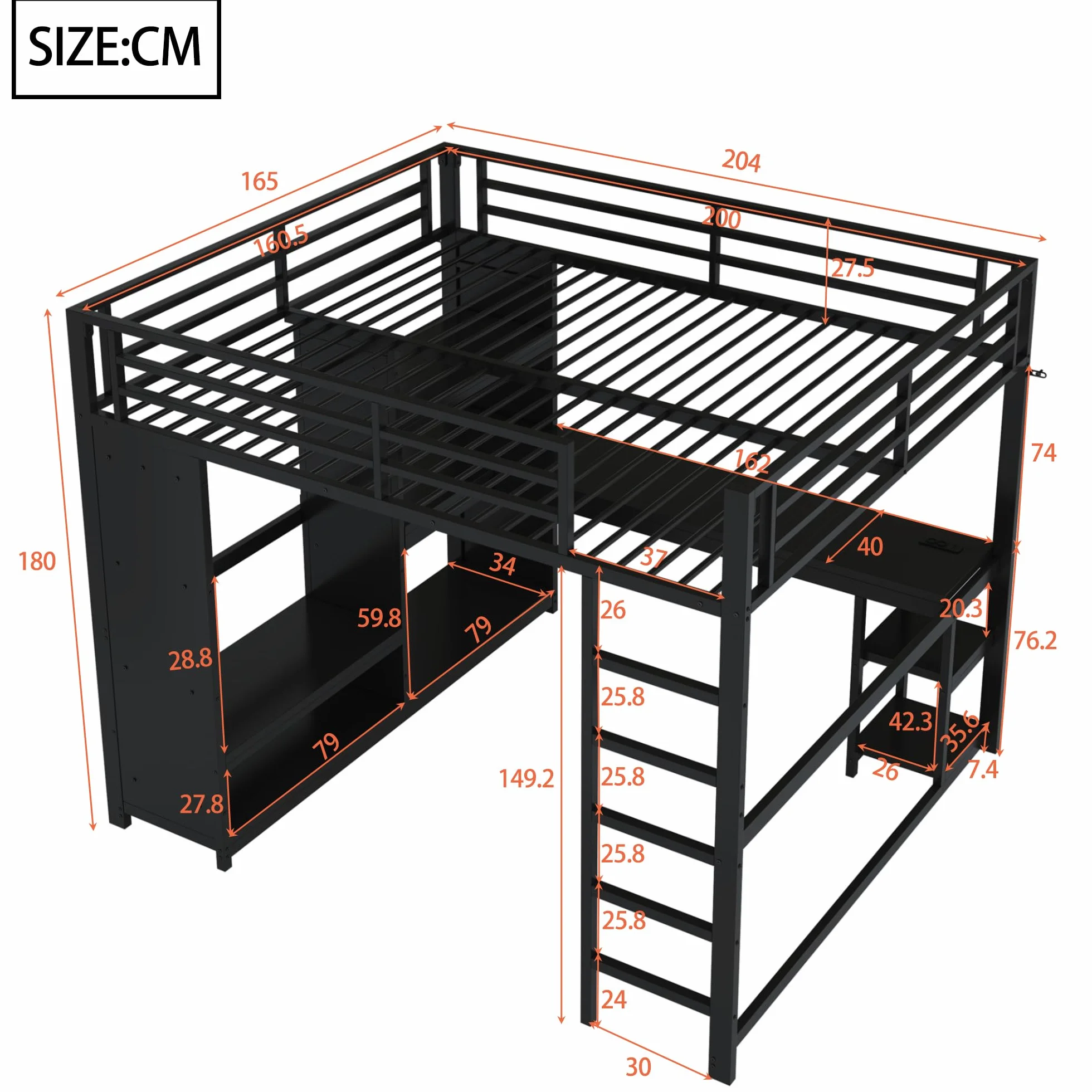 Łóżko piętrowe metalowe 160x200 cm czarne gamingowe z biurkiem