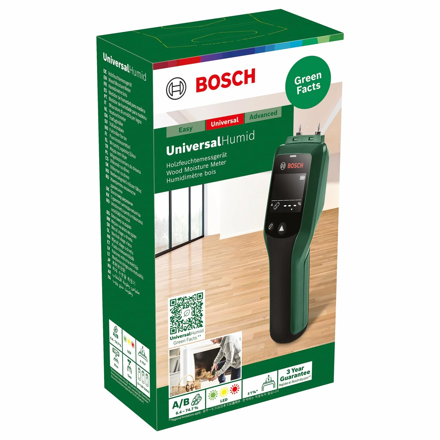 Bosch Universalhumid Wilgotnościomierz z Precyzyjnym Wyborem Grupy Drewna i Trójkolorową Diodą LED