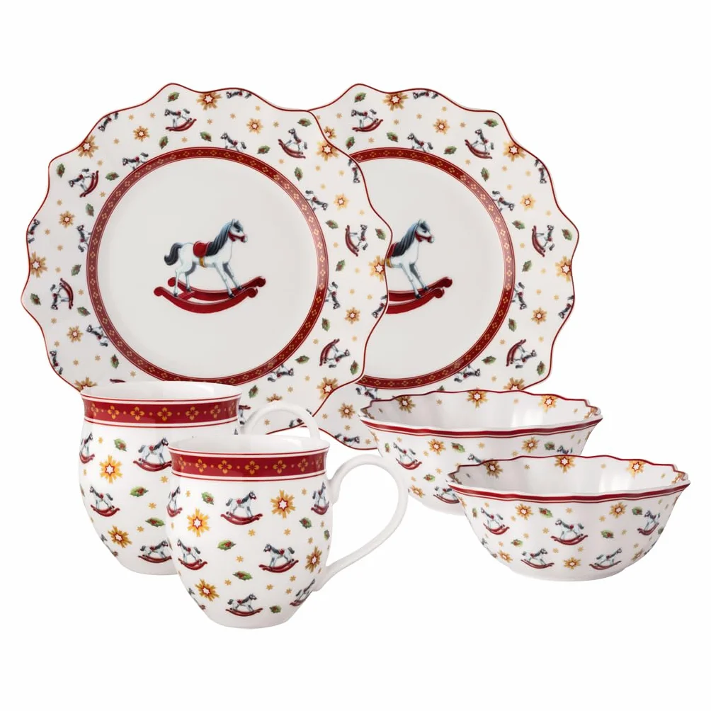 Villeroy & Boch - Toy's Delight zestaw śniadaniowy dla 2 os. konik na biegunach 6-cz. kolorowy, Boże Narodzenie, komplet naczyń z talerzami śniadaniowymi, filiżankami i miskami, porcelana Premium