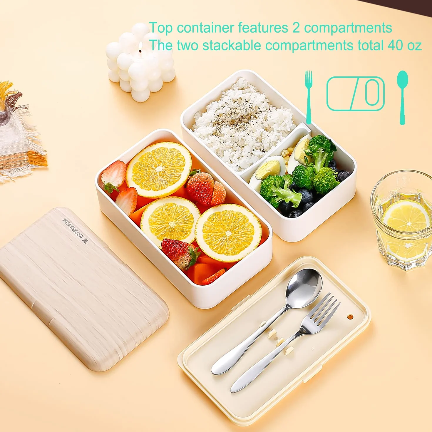 Binoster oryginalny pojemnik na żywność bento, lunchbox, w stylu japońskim, z taśmą i podziałką, łyżka i widelec ze stali nierdzewnej, kolor różowy