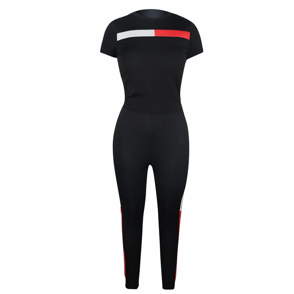 Kombinezon damski na lato moda dwuczęściowa koszulka + ubrania 7/8 fitness sport jogging spodnie joga casual basic, Czarny, L
