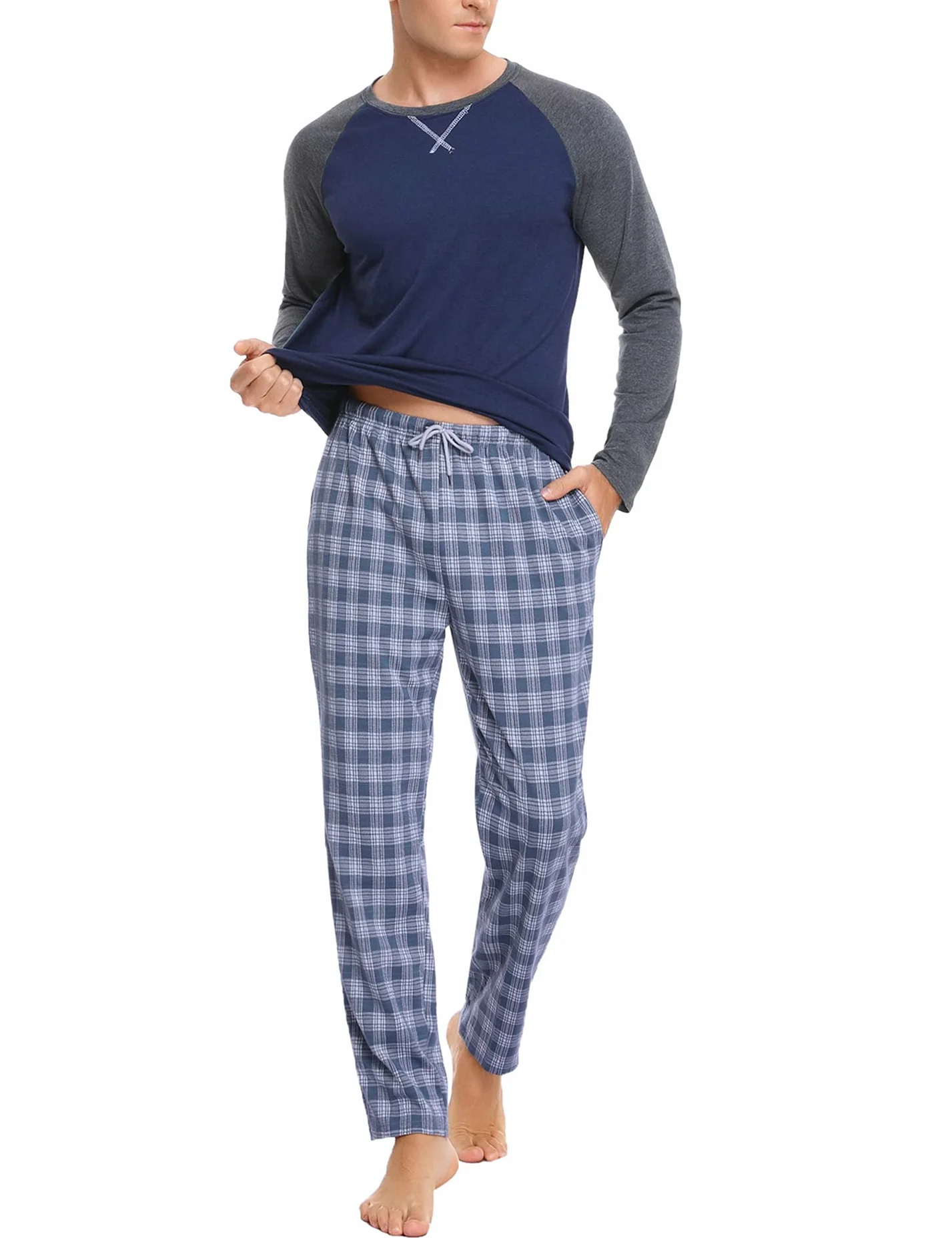 Litherday Męskie zestawy piżam bawełniana bielizna nocna z długim rękawem bielizna nocna zestaw piżamowy miękki top i spodnie w kratę odzież wypoczynkowa z kieszeniami