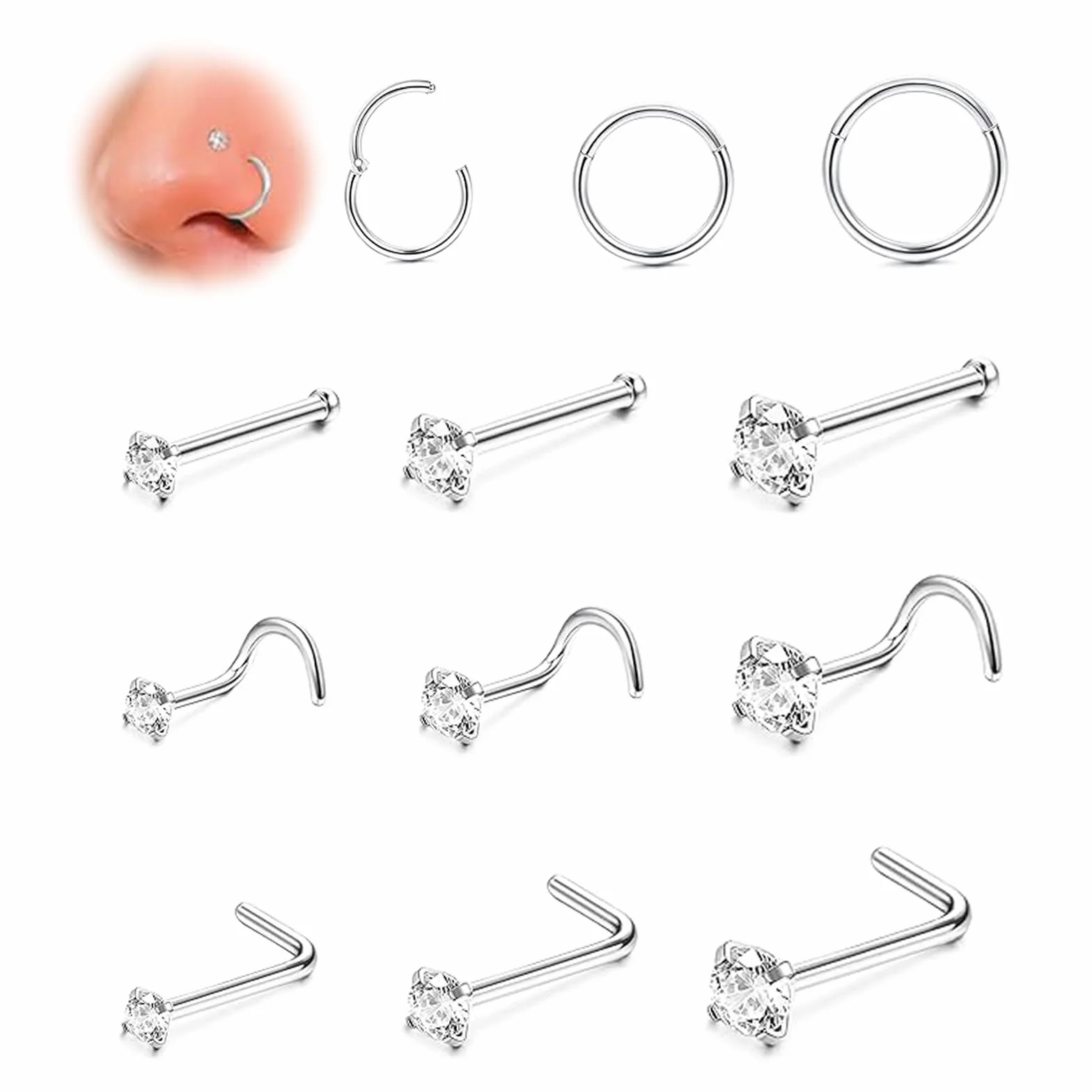 12 kolczyków do nosa, ze stali chirurgicznej, stal chirurgiczna, nostril piercing do nosa, piercing do nosa, zarówno dla mężczyzn, jak i kobiet, 1, Synteza, Synteza