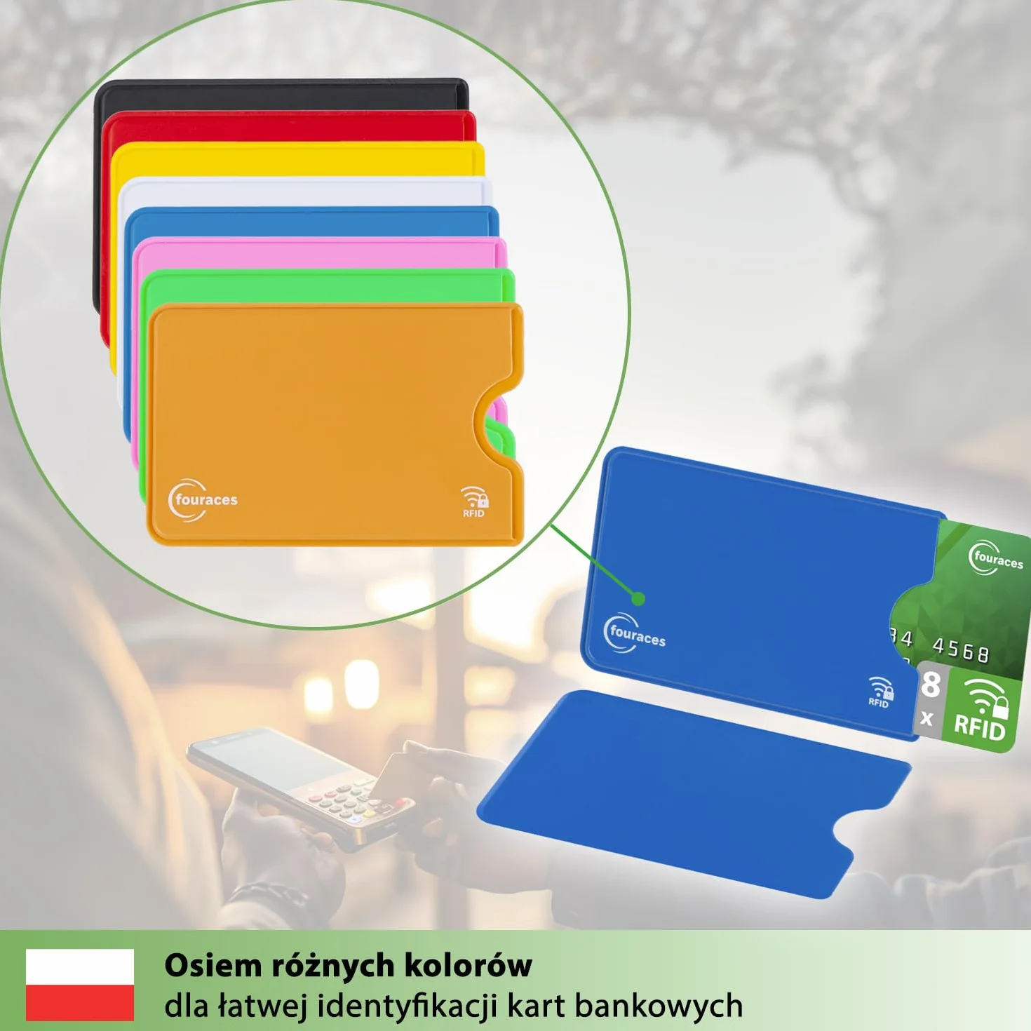 fouraces 8x Etui ochronne z blokadą RFID – różne kolory – ochrona przed kradzieżą danych – etui NFC – etui na karty kredytowe i karty EC, etui na karty EC dla kart bankowych