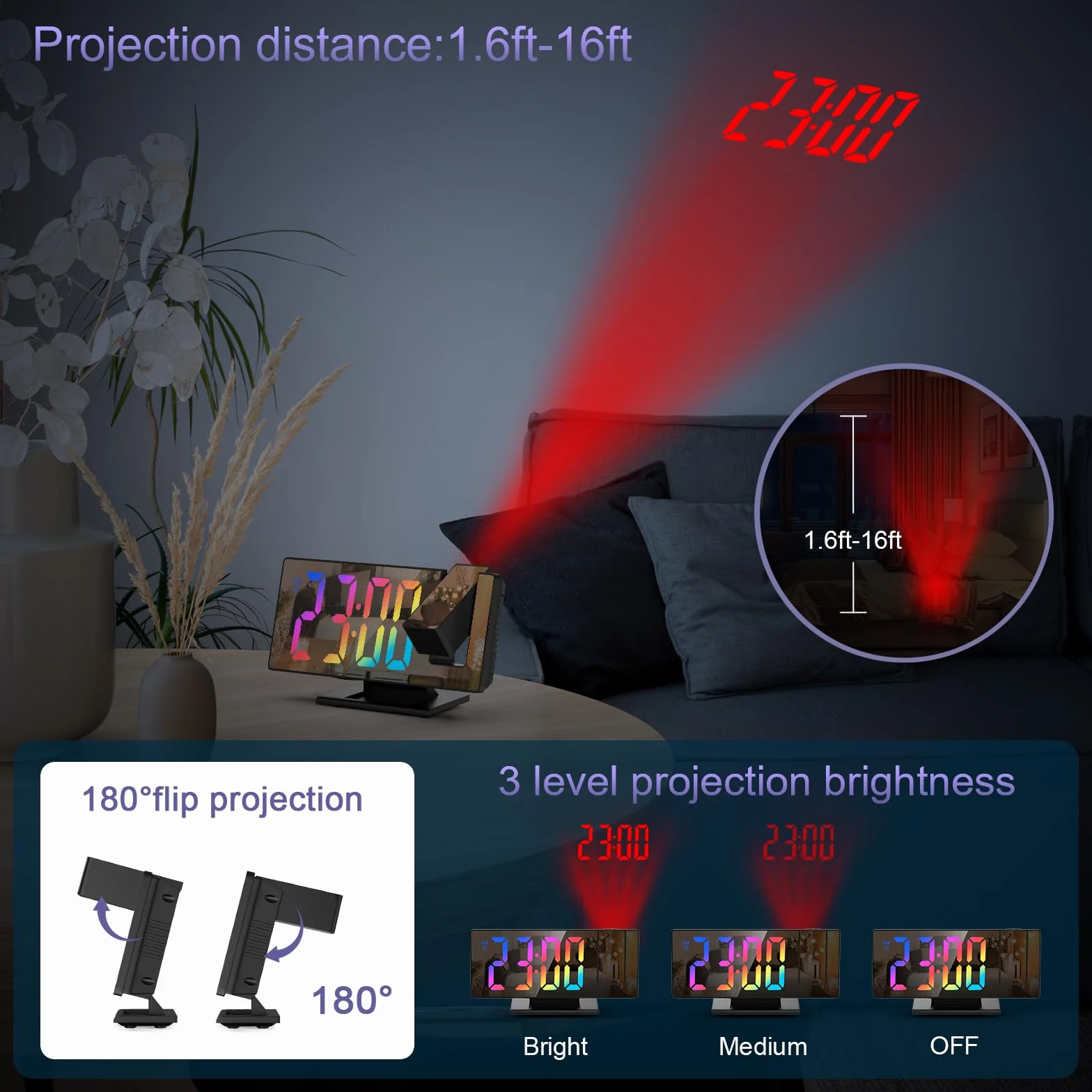 Budzik projekcyjny 7,8 cala z ekranem lustrzanym, projektor 180°, USB, 4 regulacje jasności