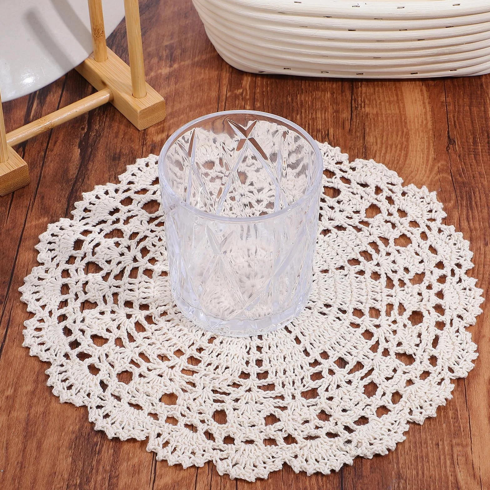 4 szt. 25 cm szydełkowane serwetki beżowe okrągłe serwetki ręcznie robione szydełkowane podkładki retro serwetki na meble do kuchni, stołu jadalnego, ślub, dekoracja na przyjęcie urodzinowe
