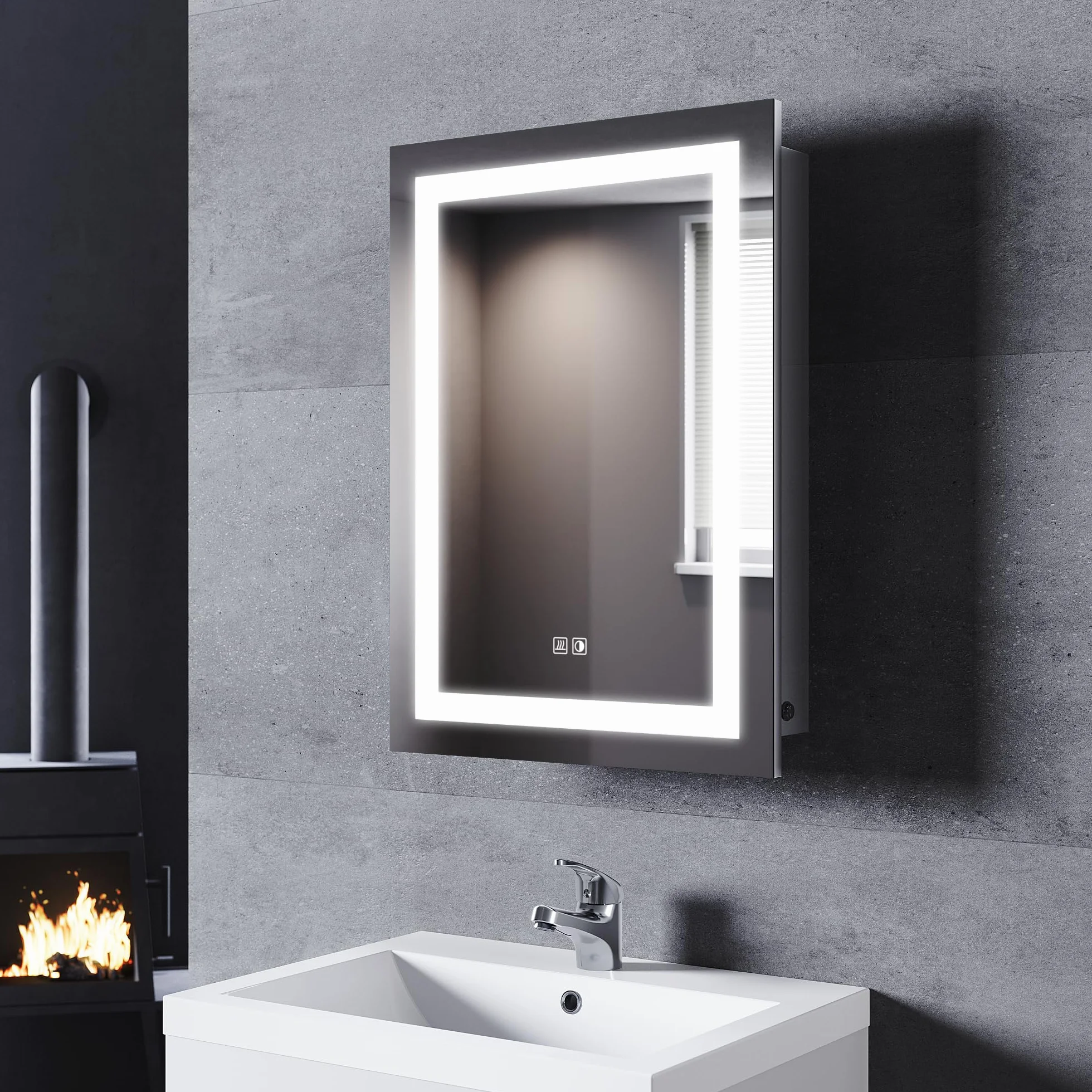 SONNI Łazienkowa szafka z lustrem LED 70x50 cm 3 kolorowe światło ściemniania gniazdko elektryczne defogging drzwi przesuwne stal nierdzewna