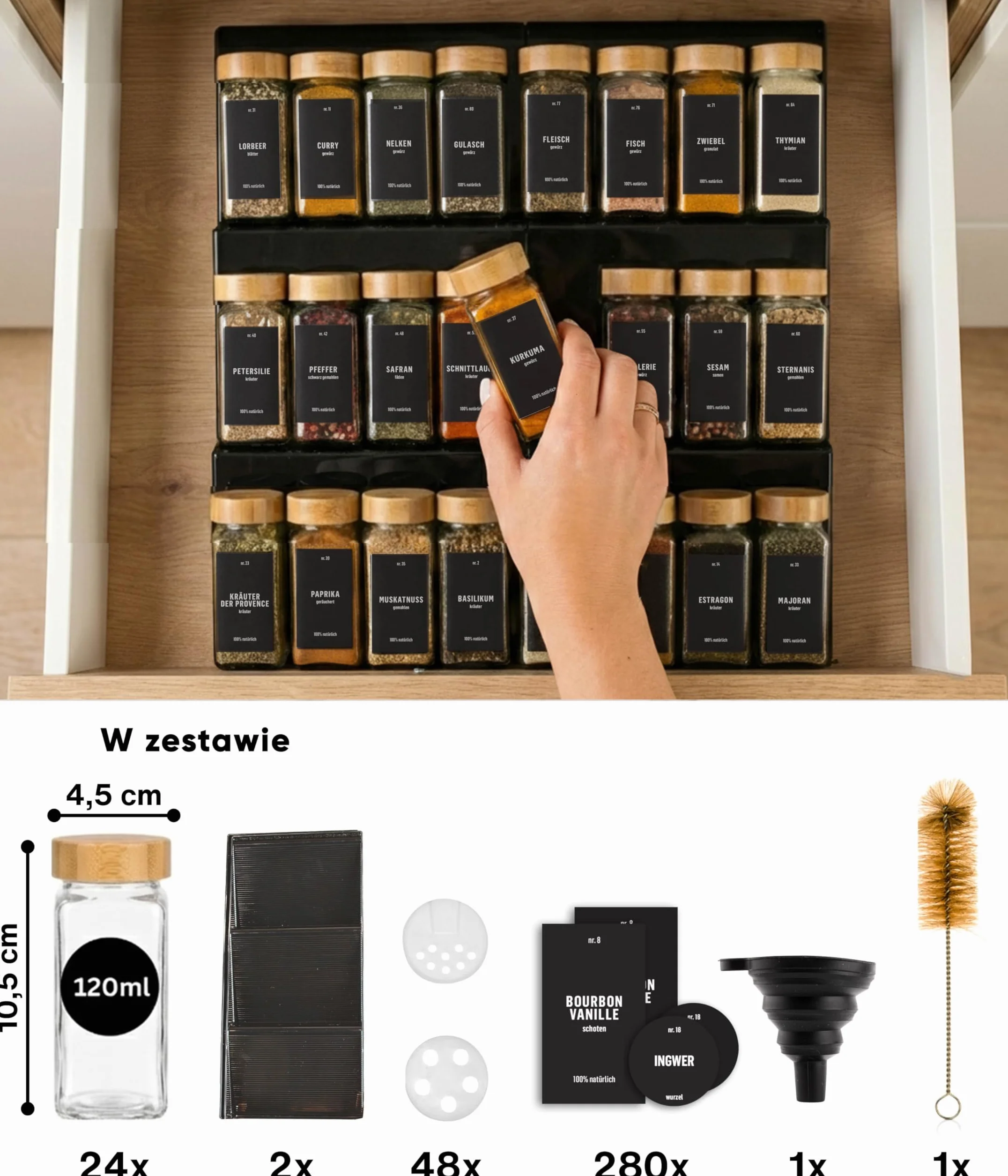 Deco Haus Organizer do Przechowywania Przypraw w Szufladzie 3 Poziomy Zestaw 24 Słoików 280 Etykiet
