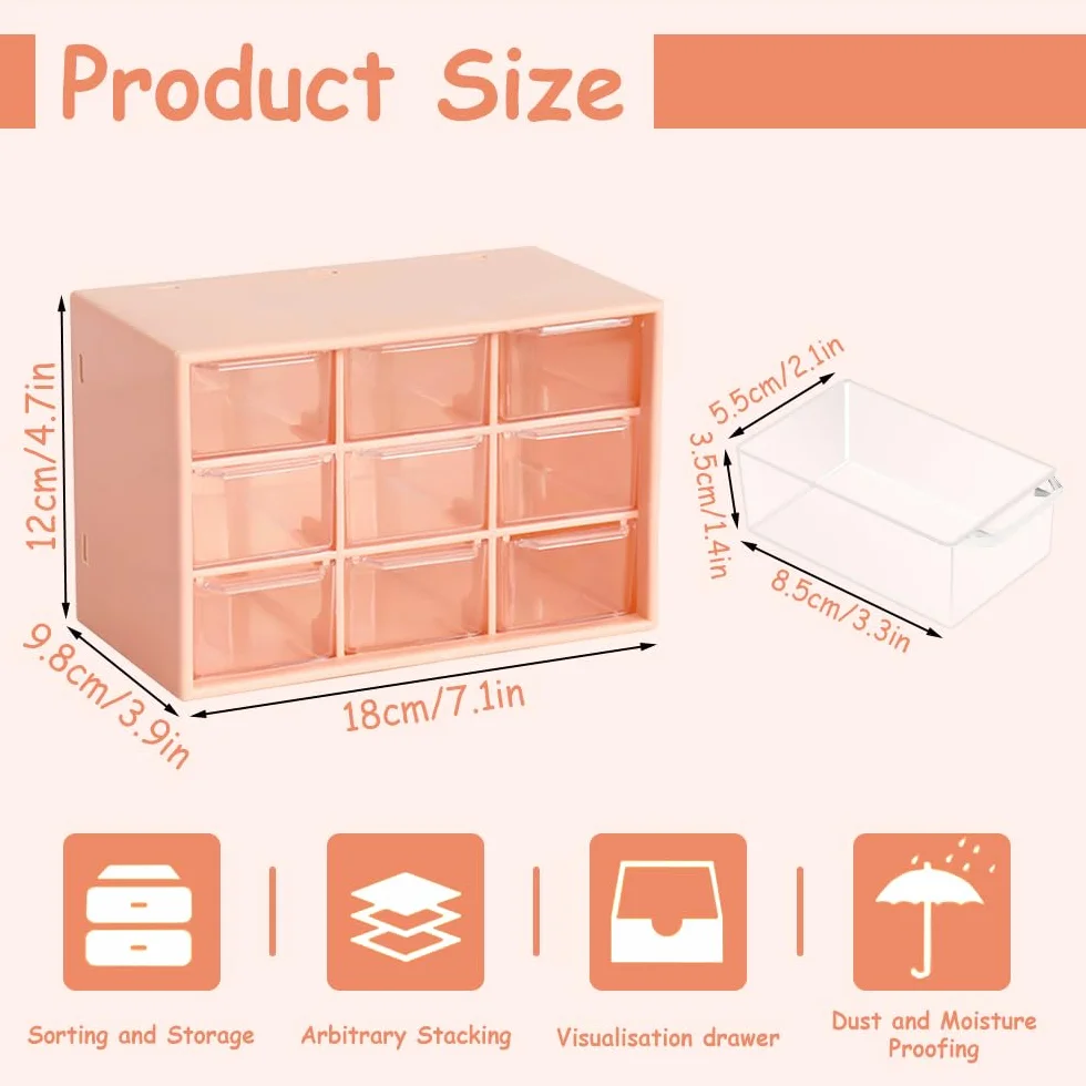 Przezroczysty organizer 9 szuflad plastikowe do przechowywania z naklejkami