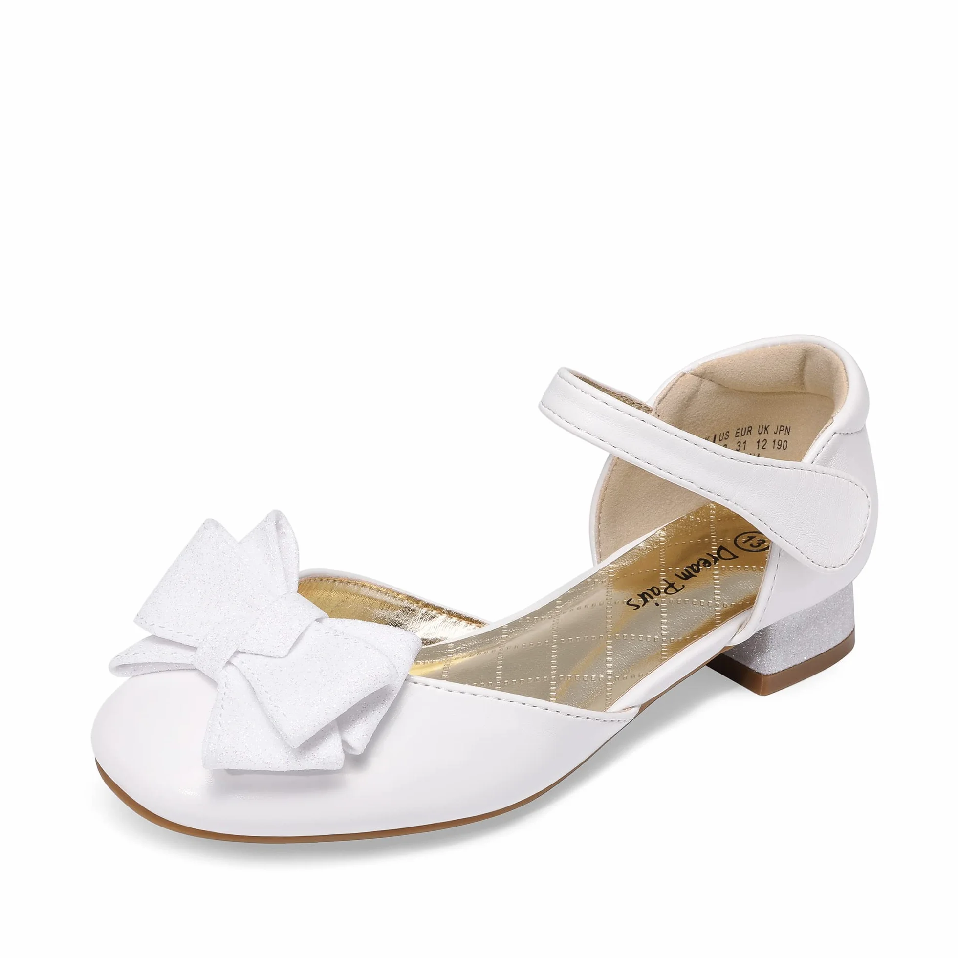DREAM PAIRS Dziewczęce buty do sukienki zamknięte palce niskie obcasy pasek na kostkę kokarda balet wesele sandały księżniczka buty kwiatowe