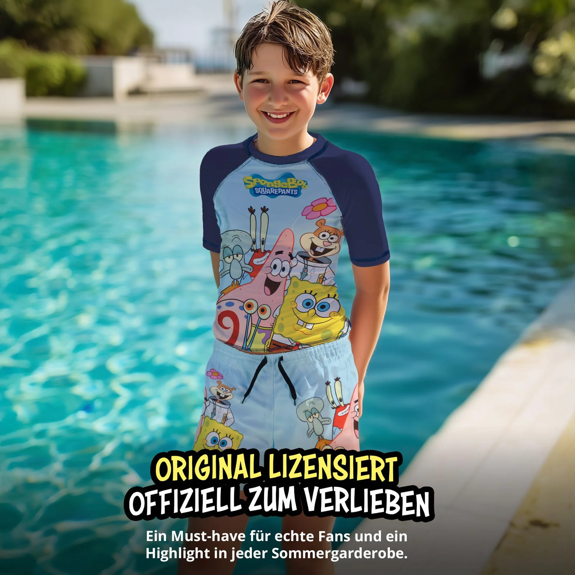United Labels Spongebob Kanciastoporty kostium kąpielowy dwuczęściowy, ochrona UV 50, dla chłopców, niebieski, moda kąpielowa dla dzieci, z koszulką i kąpielówkami, strój kąpielowy