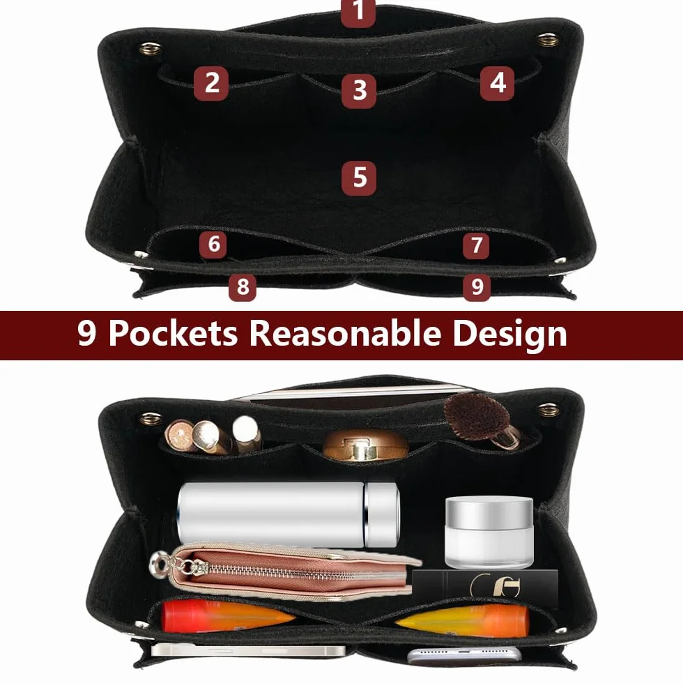 Filcowy Organizer do Torebki, 24 x 8 x 15 cm, Kieszeń Wewnętrzna z Wieloma Przegródkami (Czarny) | Filcowy organizer do torebki, organizer wewnętrzny, kieszeń wewnętrzna na torebki z wieloma przegródkami
