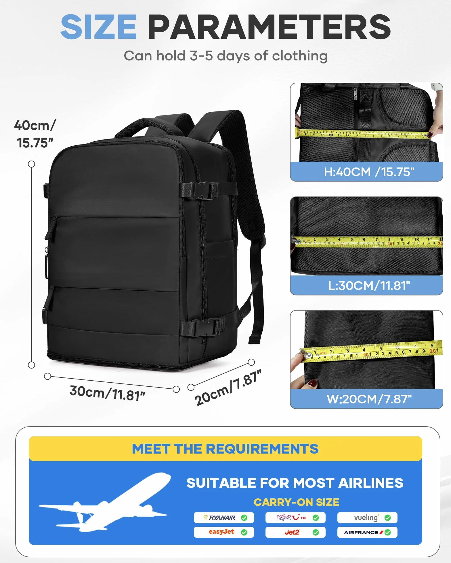 BJLFS Torba Kabinowa Ryanair 40x20x25 Podróżna do Samolotu Bagaż Podręczny Plecak Próżniowy z Pompką Elektryczną Bagaż Podręczny 40x30x20 Plecak do Ryanair Wodoodporna Torba na Laptopa