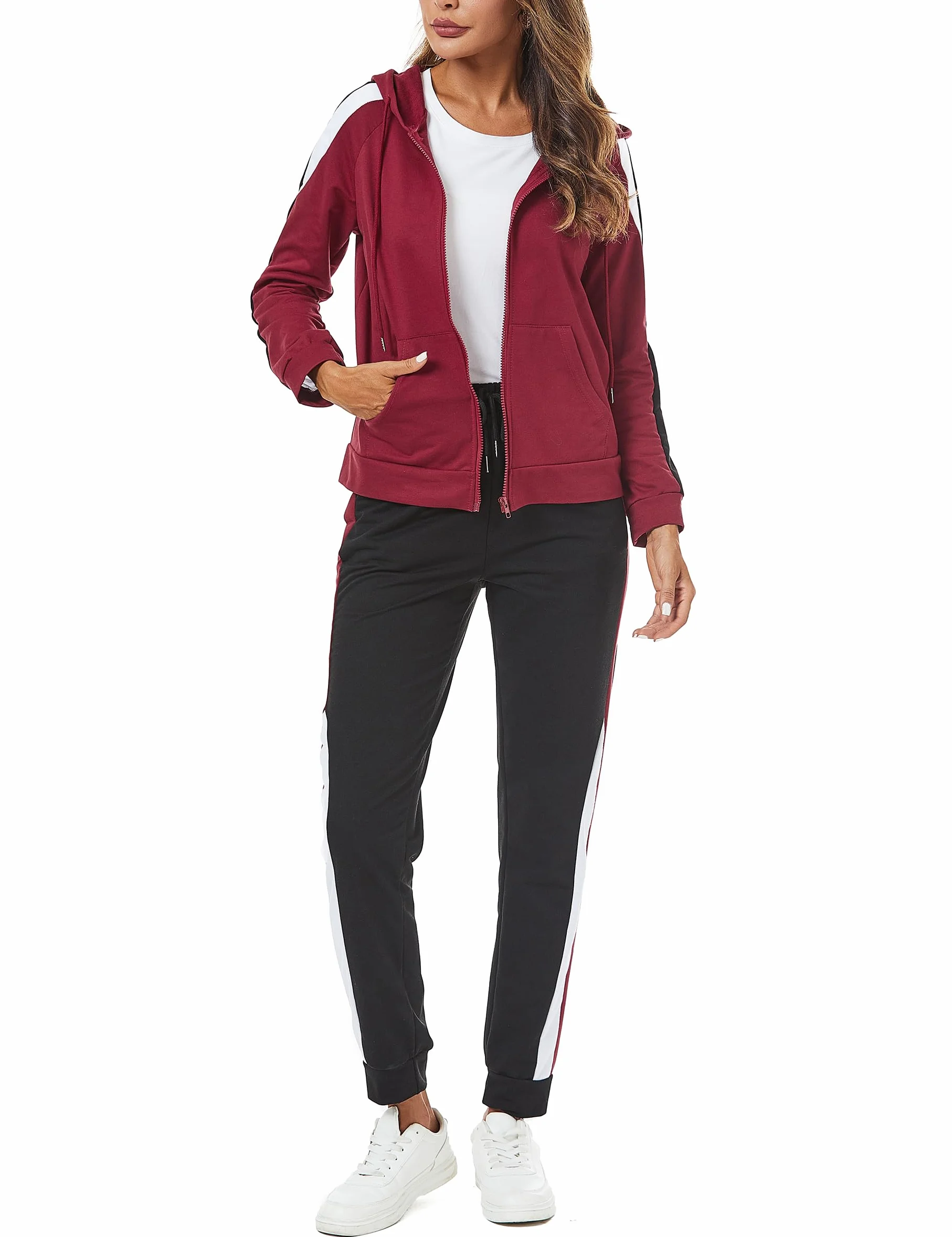 Litherday Dres damski, kombinezon, damski, zimowy, zestaw sportowy, damski, bawełna, bluza z kapturem kontrastowy kolor i spodnie joggery, do fitnessu, joggingu, S-XXL