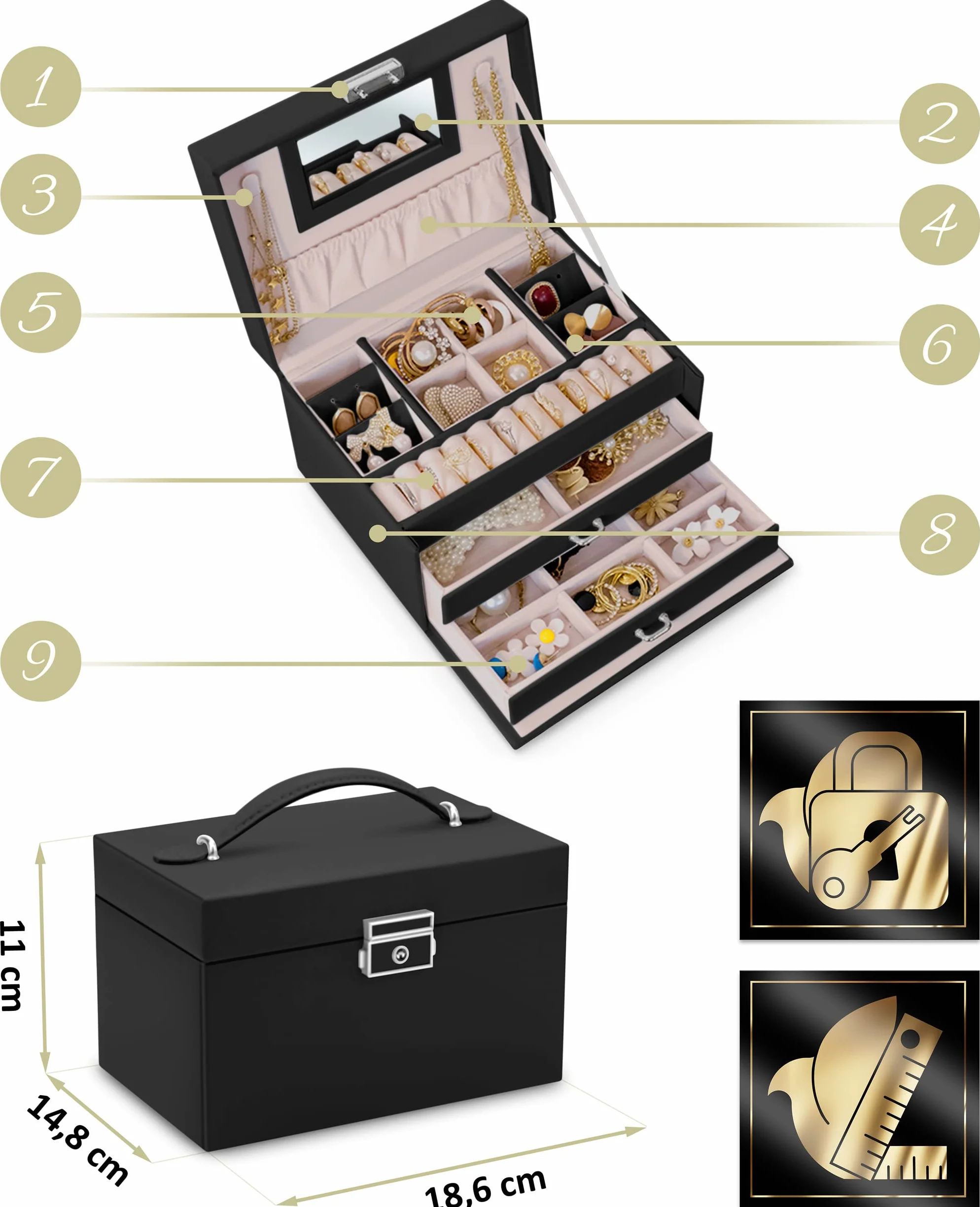 Szkatułka Na Biżuterię Kuferek Z Lusterkiem Organizer Do Przechowywania Biżuterii 18,6 x 14,8 x 11 cm Czarny