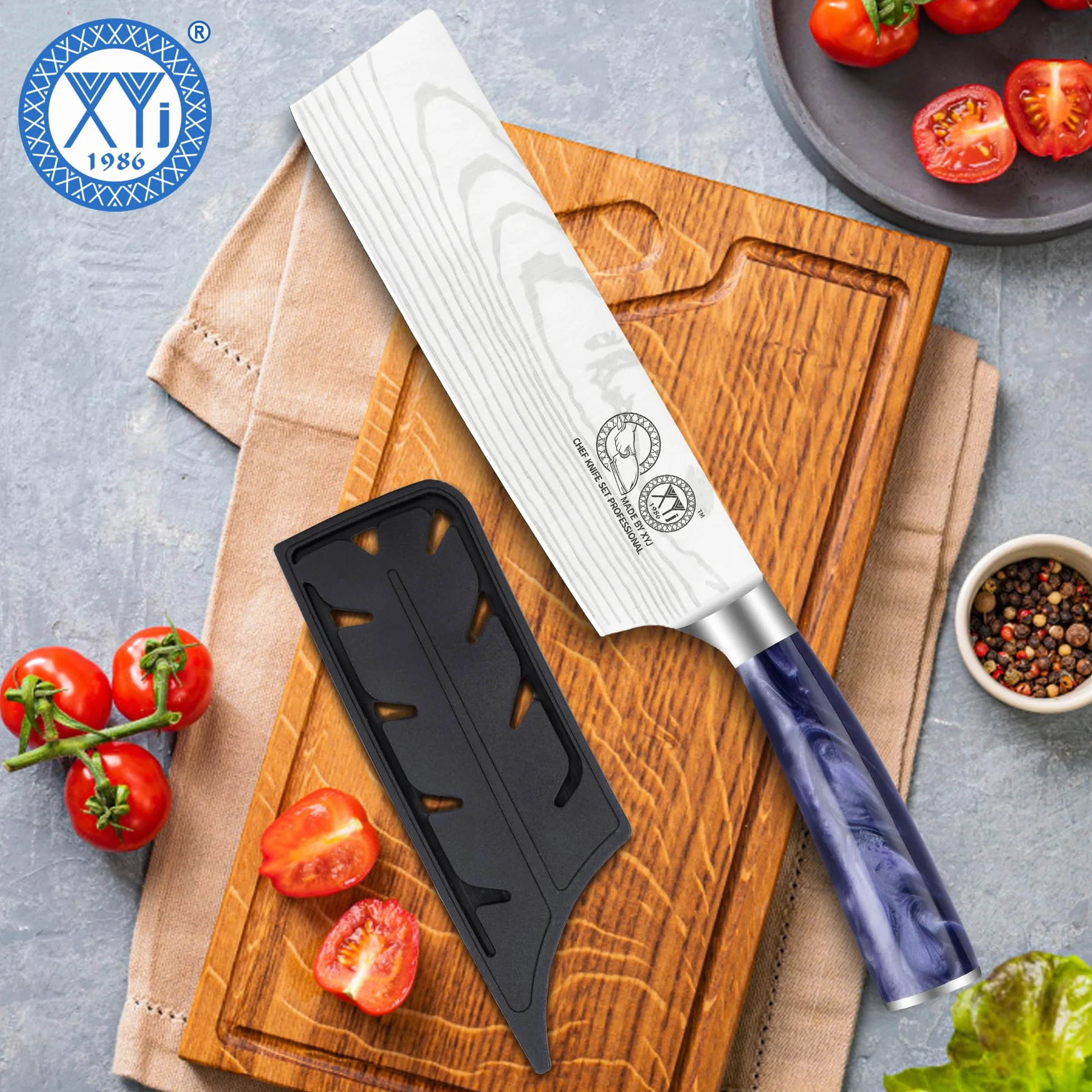 XYJ Authentic Since 1986,7 Inch Japanese Nakiri Knife,Stainless Steel Kitchen Cutlery,Meat Cleaver,Laser Damacus Pattern,Slicing Chef Knife With Sleeve,Resin Handle