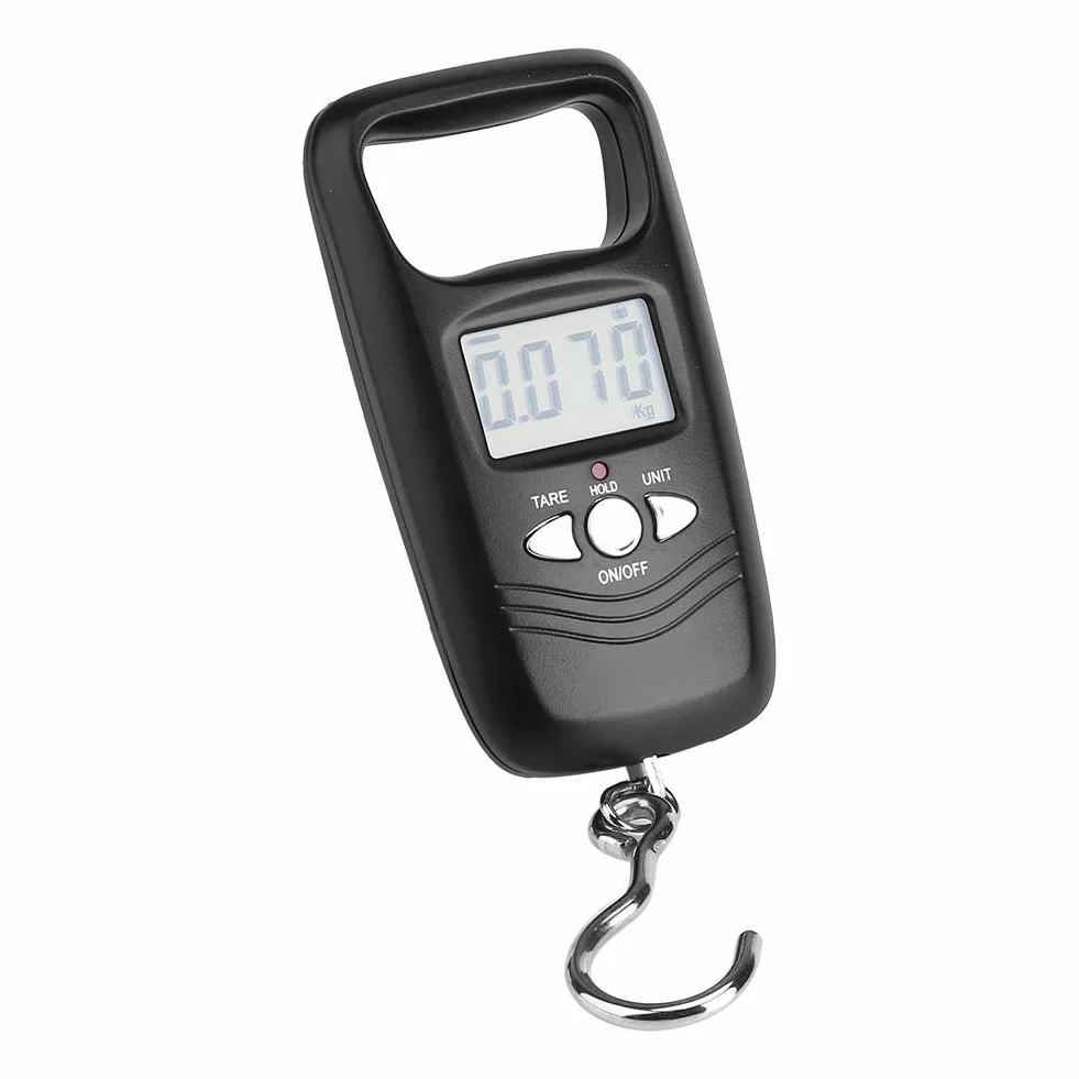 Waga bagażowa, 50 kg, cyfrowa waga wisząca, LCD, elektroniczna waga kieszonkowa z podświetleniem, do podróży, rodzinnych zakupów, wędkowania i innych aktywności na świeżym powietrzu (czarna)