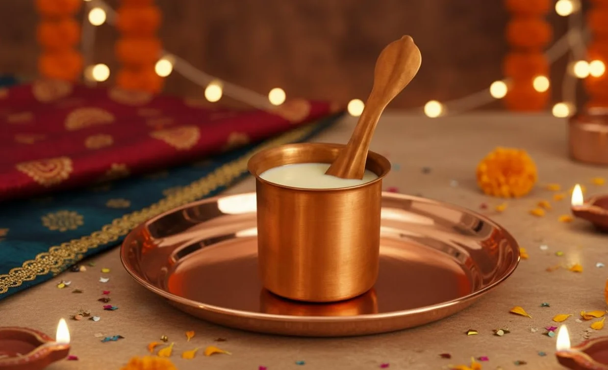 BRACOP® Czysty miedziany garnek Lota Kalash Hindu Panch Patra z okrągłym talerzem Łyżka Havan Indyjskie akcesoria do Pooja Ręcznie robiony kubek do serwowania Miedziane przybory domowe świątyni