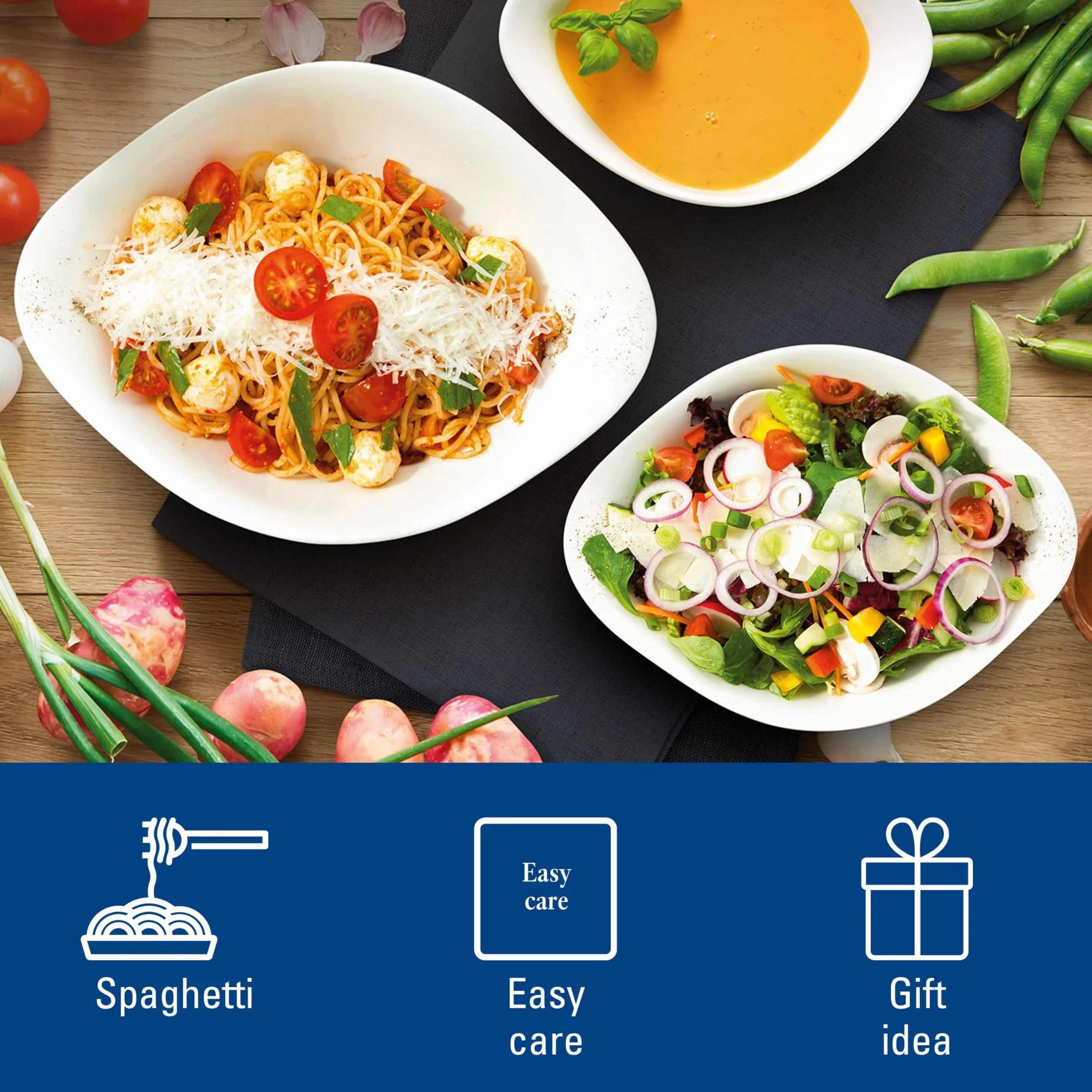 Villeroy & Boch – Vapiano zestaw misek Trio, 6-cz. zestaw naczyń, idealny do obiadu dla dwóch osób, porcelana Premium, można myć w zmywarce, można używać w kuchence mikrofalowej, kolor biały