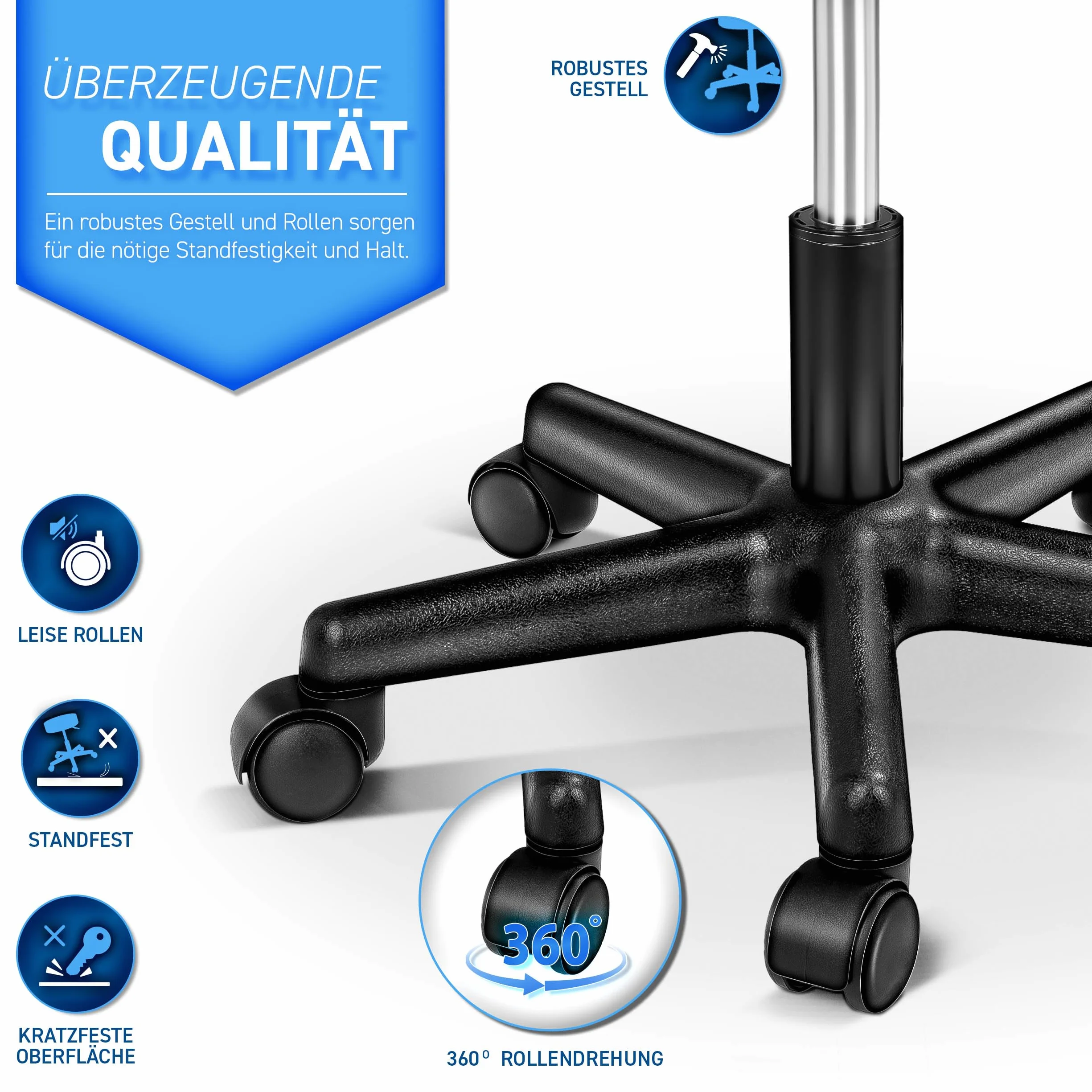 TRESKO® Krzesło obrotowe biurowe na kółkach, regulowana wysokość, obrót 360°, poduszka 10 cm, czarny