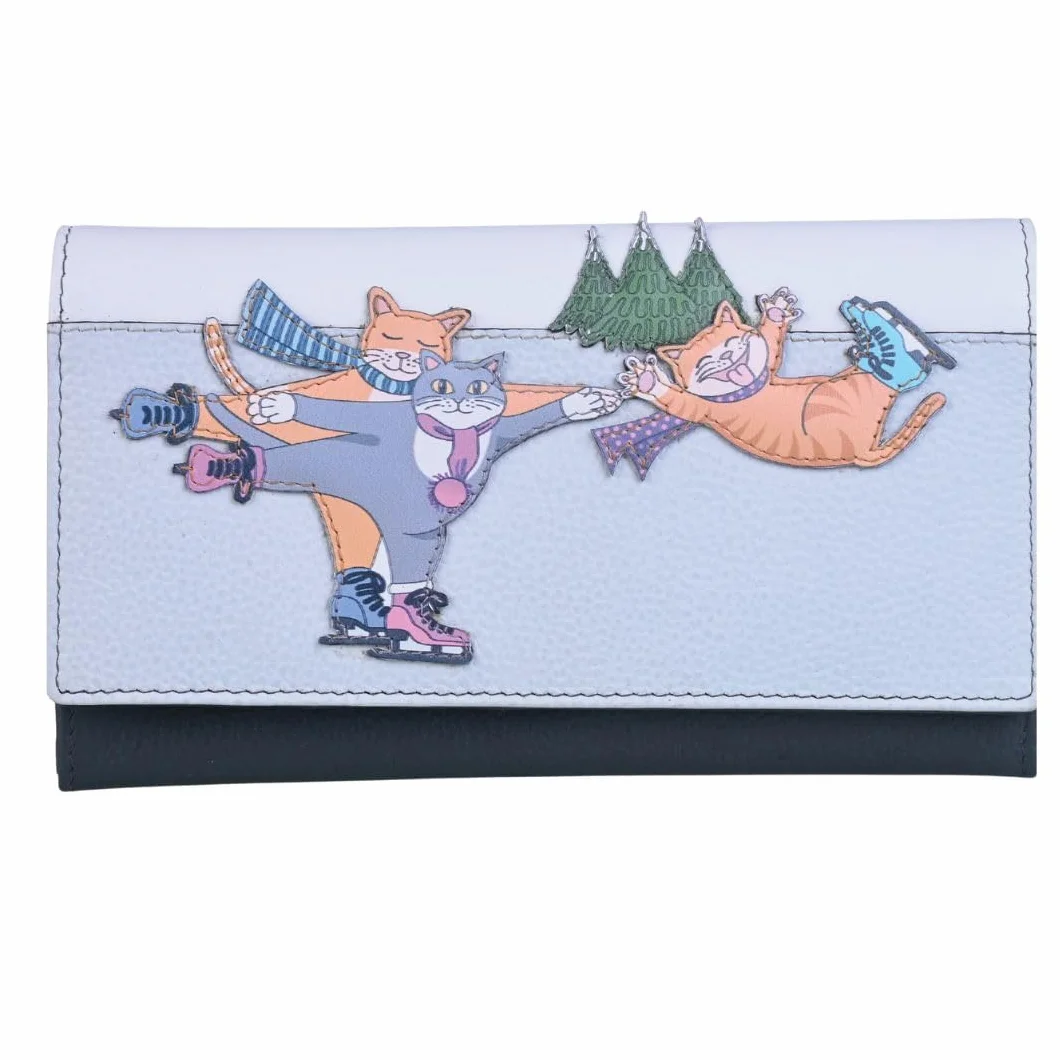 Mala Leather Damska torebka na poranek dla kotów Skating Cats – portfel z prawdziwej skóry z zimowym wzorem kota, ochrona RFID, wiele przegródek na karty, okienka na dowód osobisty, przegródki na