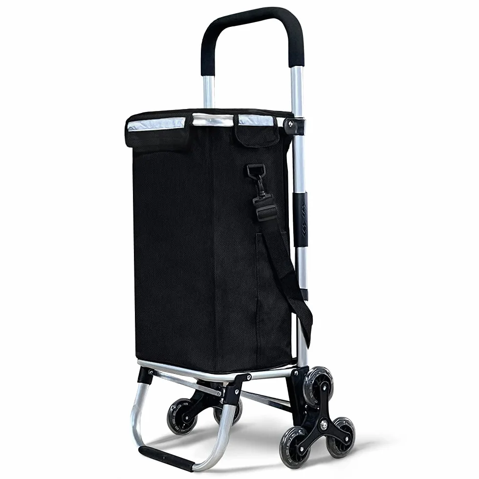 VOUNOT Składany wózek na zakupy na 6 kółkach, aluminiowy lekki koszyk na zakupy z izolowaną torbą chłodzącą, schody wspinaczka wózek spożywczy, 35 l, czarny