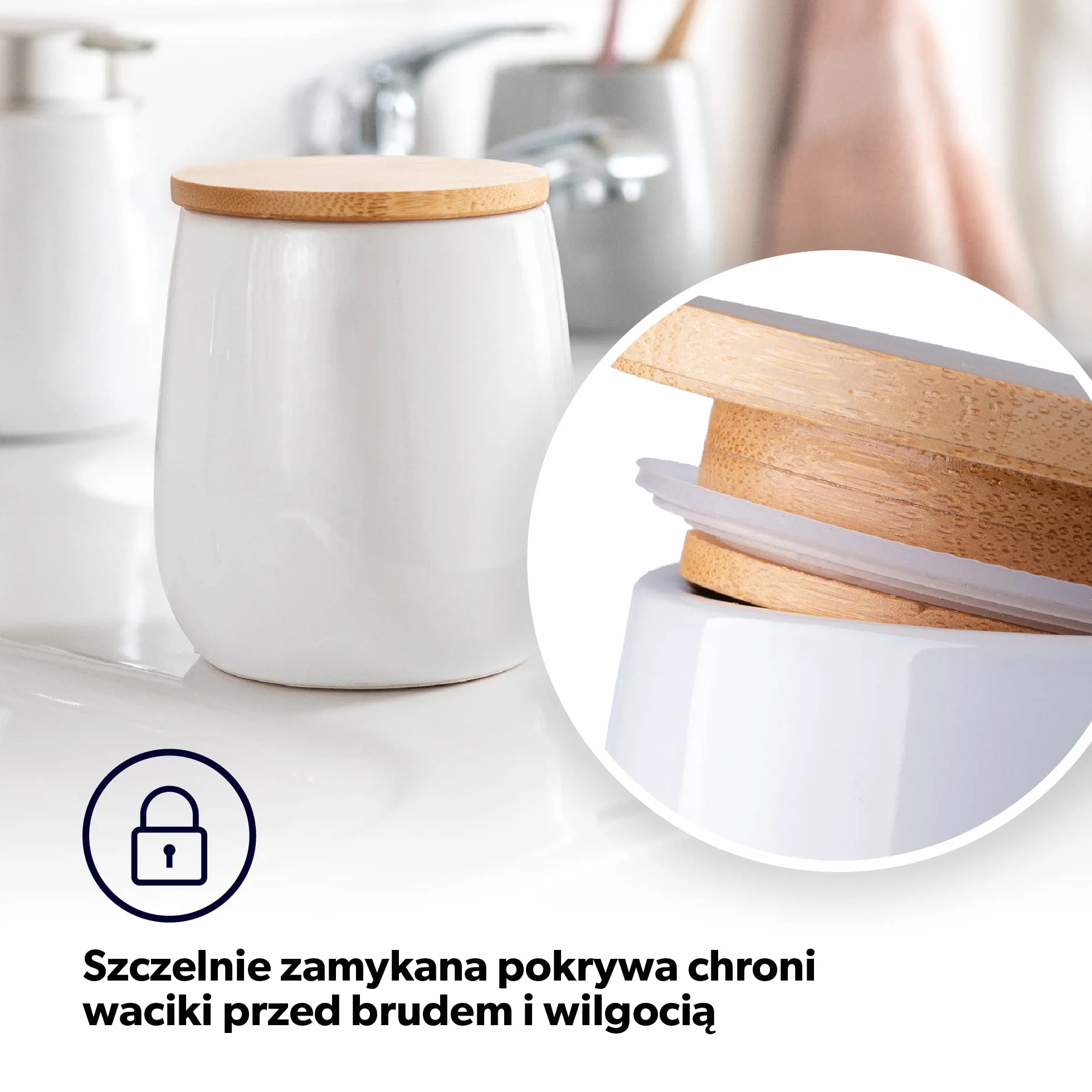 KADAX Pojemnik łazienkowy ceramiczny biały z bambusową pokrywką, szczelne zamknięcie ogranicza wilgoć, zmywalna powierzchnia, na waciki kosmetyczne, patyczki i drobiazgi do łazienki