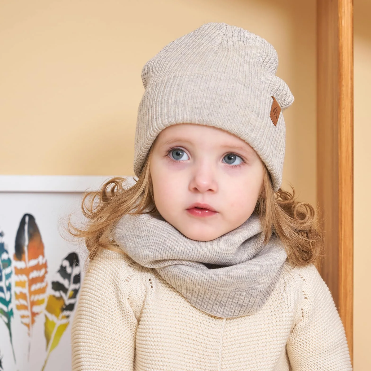 Dziecięca czapka zimowa typu beanie dla chłopców, z dzianiny, ciepła czapka i szalik dla dzieci, beżowy, M