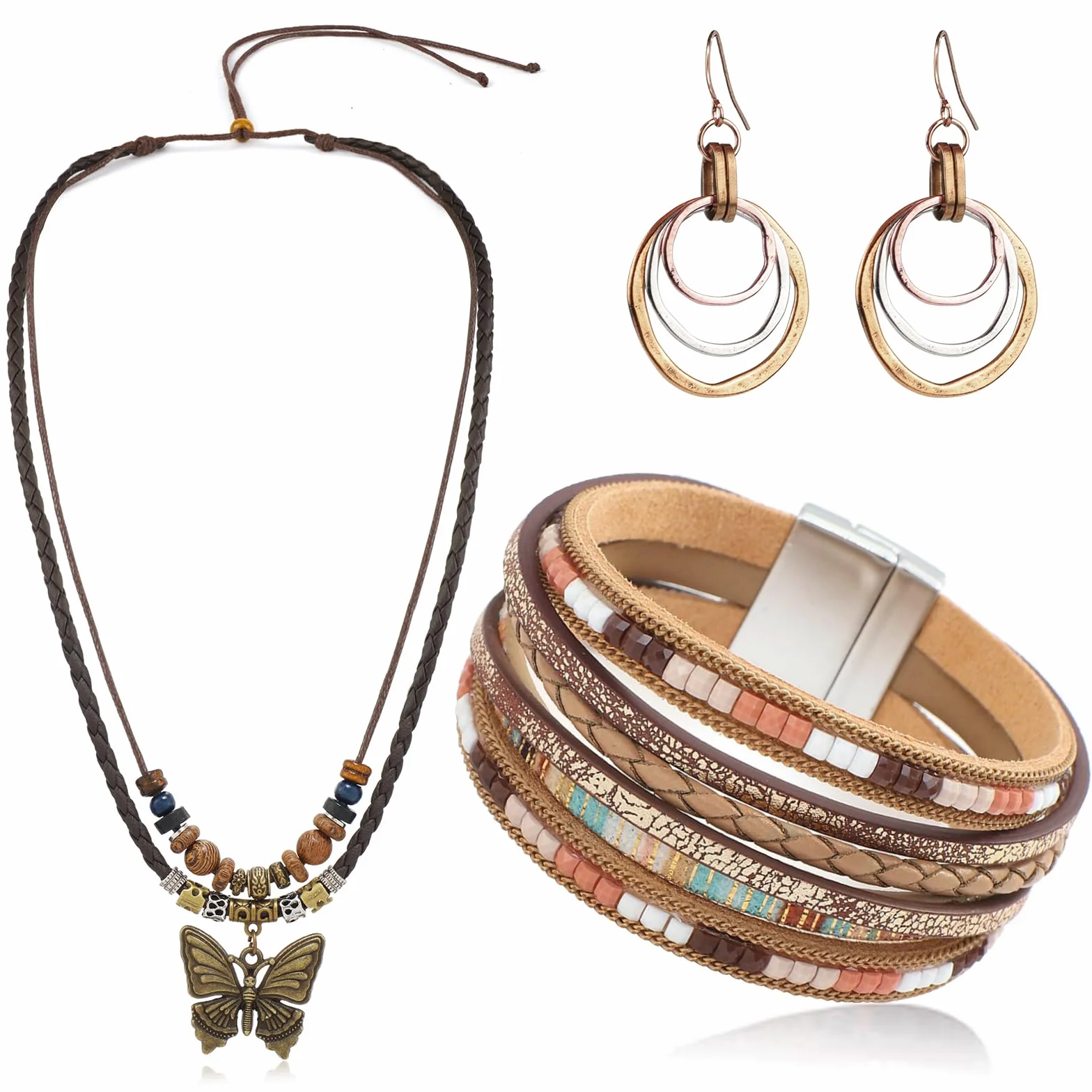 Czeska biżuteria: skórzane bransoletki, Vintage naszyjnik motyl, boho kolczyki koła, M