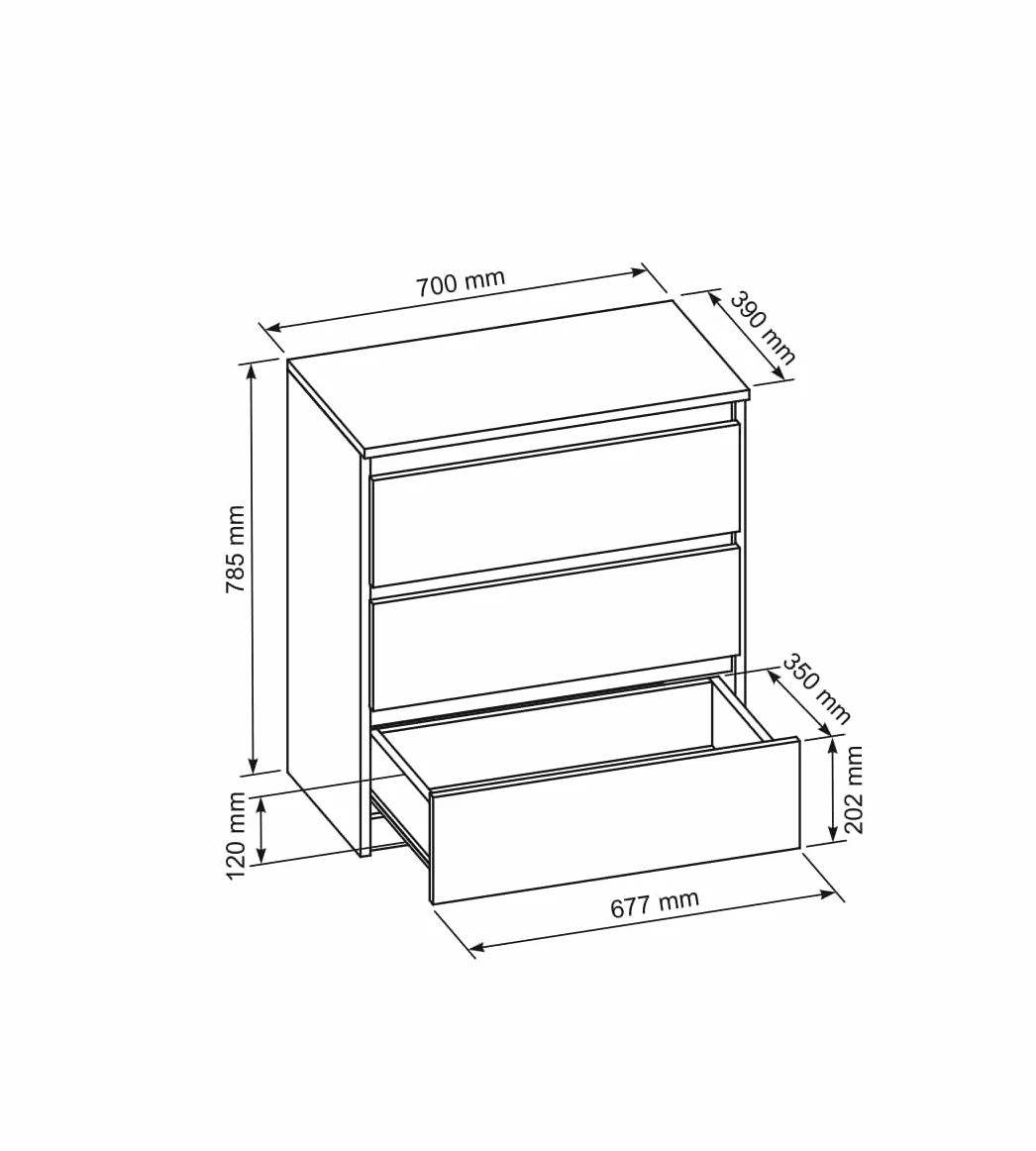 Komoda do sypialni z 3 szufladami nowoczesna wysoka kaszmir 70 x 39 x 78,5 cm