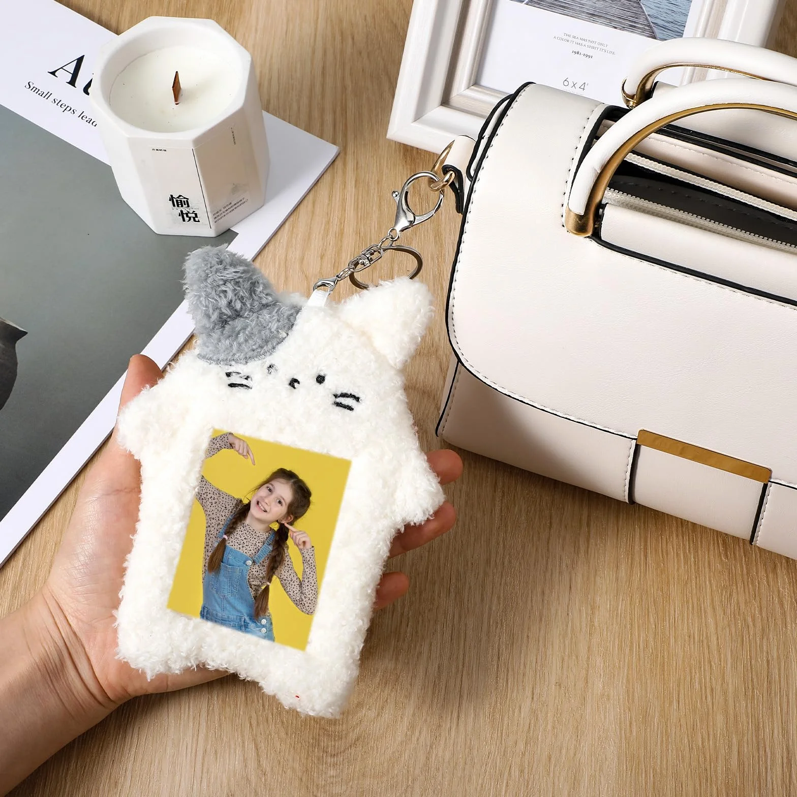 oruola Zestaw 2 pluszowych etui na karty fotograficzne, pluszowe etui na karty z brelokiem, uchwyt na zdjęcia dla dziewczynek, etuis na kartys Kawaii z białym kotem i różowym króliczkiem