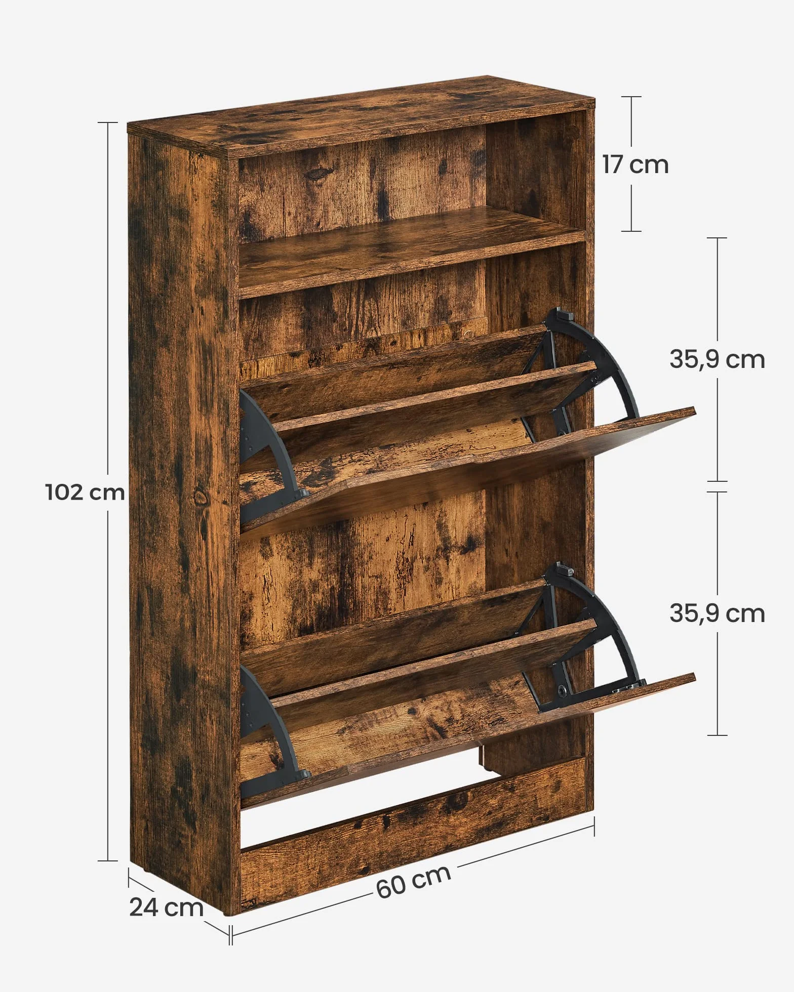 VASAGLE Szafka na buty z 2 klapami z otwartą półką 60 x 24 x 102 cm rustykalny brąz