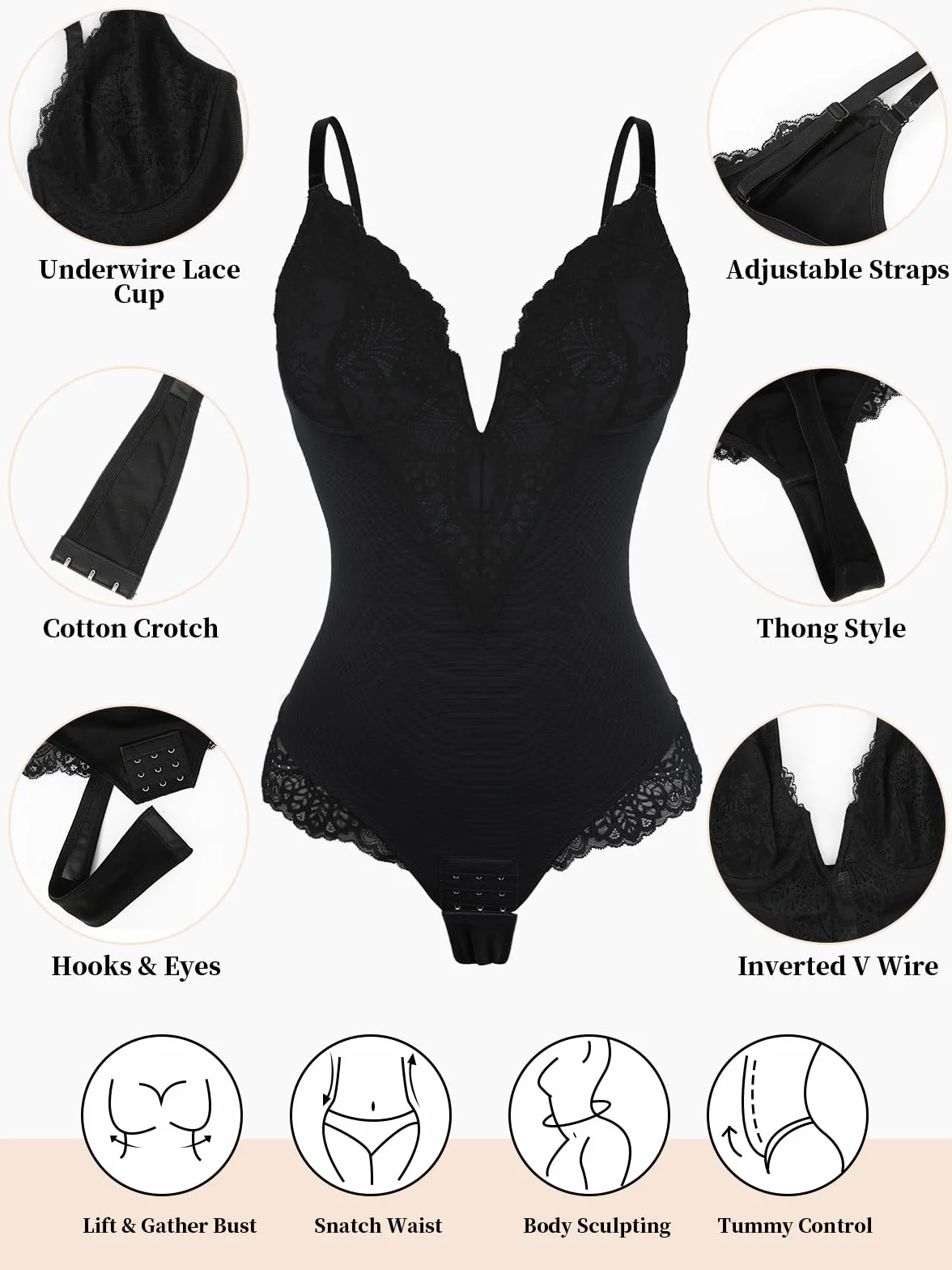 SHAPERIN Damskie body wyszczuplające wyszczuplające brzuch płaskie body stringi koronkowa bielizna modelująca body topy