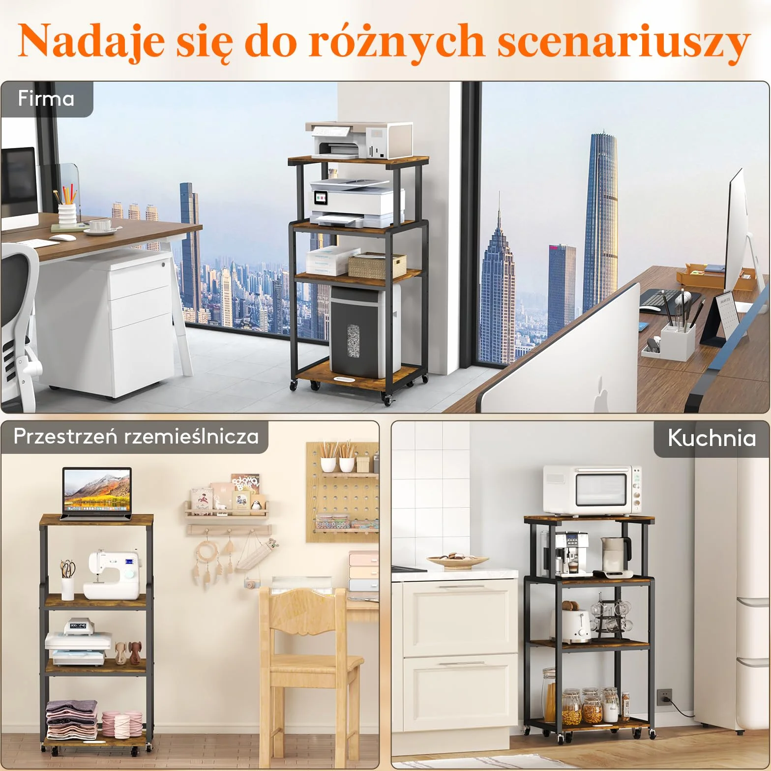Lifewit 4-poziomowy stojak na drukarkę z kółkami, regulowaną półką, rdzawy brąz