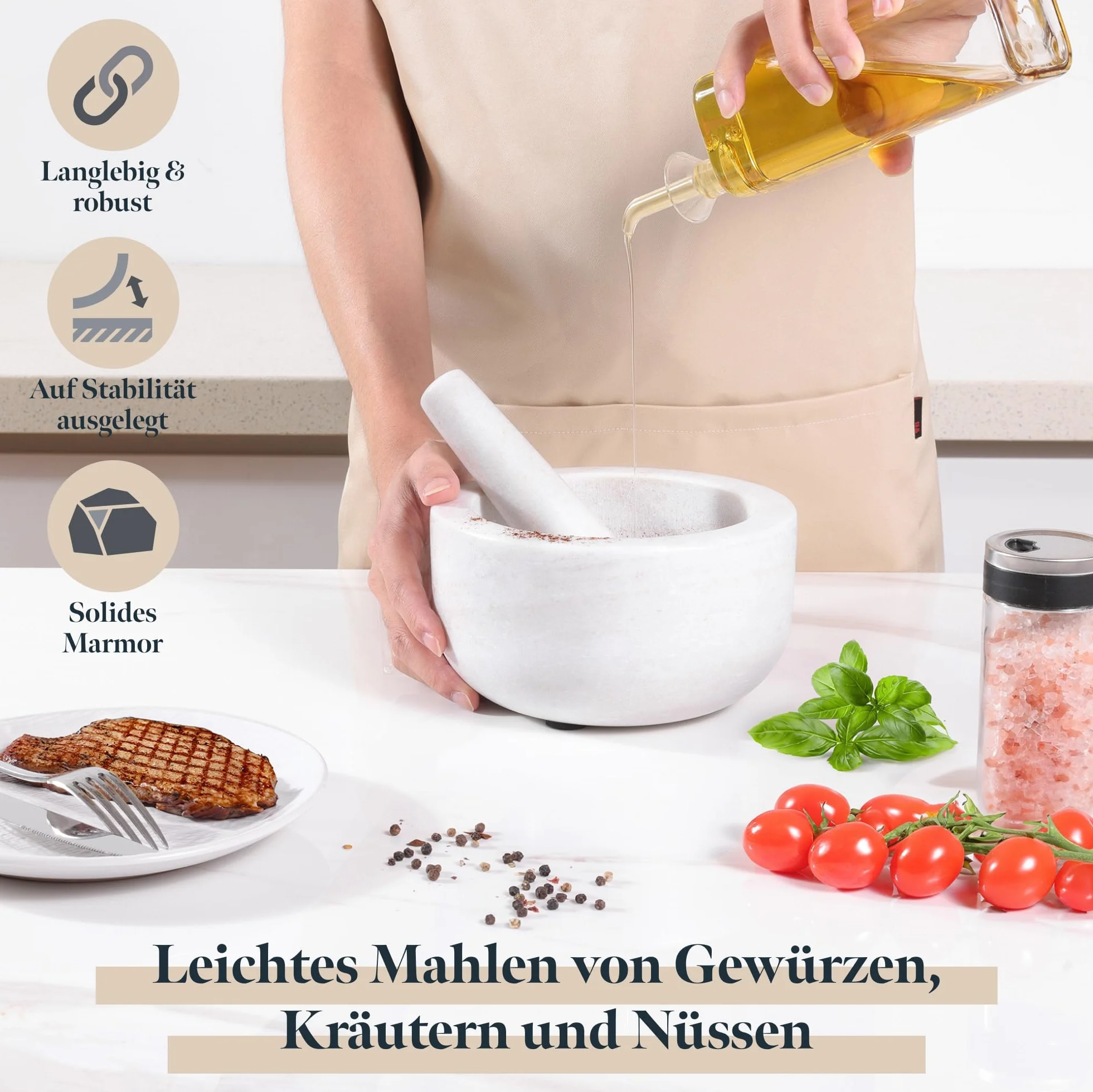 Zestaw moździerz z tłuczkiem z marmuru - 18 x 18 x 10cm - 800ml Mały moździerz z tłuczkiem - Mortar and Pestle do przypraw Salsa Pesto - Biały