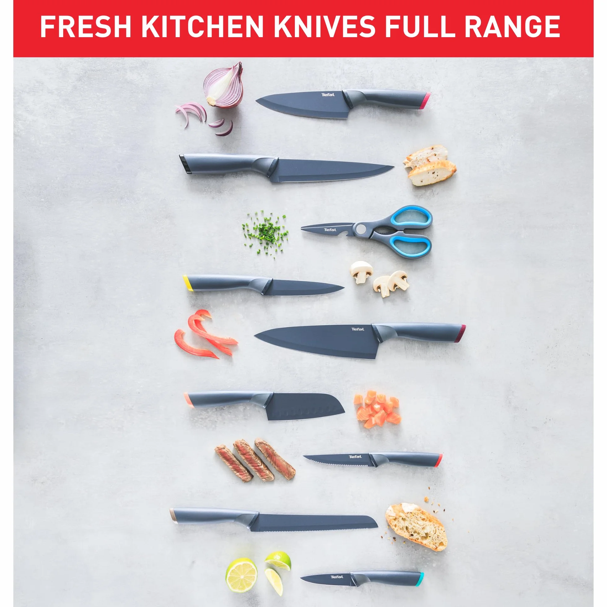 Tefal Fresh Kitchen nóż Santoku 12 cm stal nierdzewna powłoka zapobiegająca przywieraniu antracyt pomarańczowy