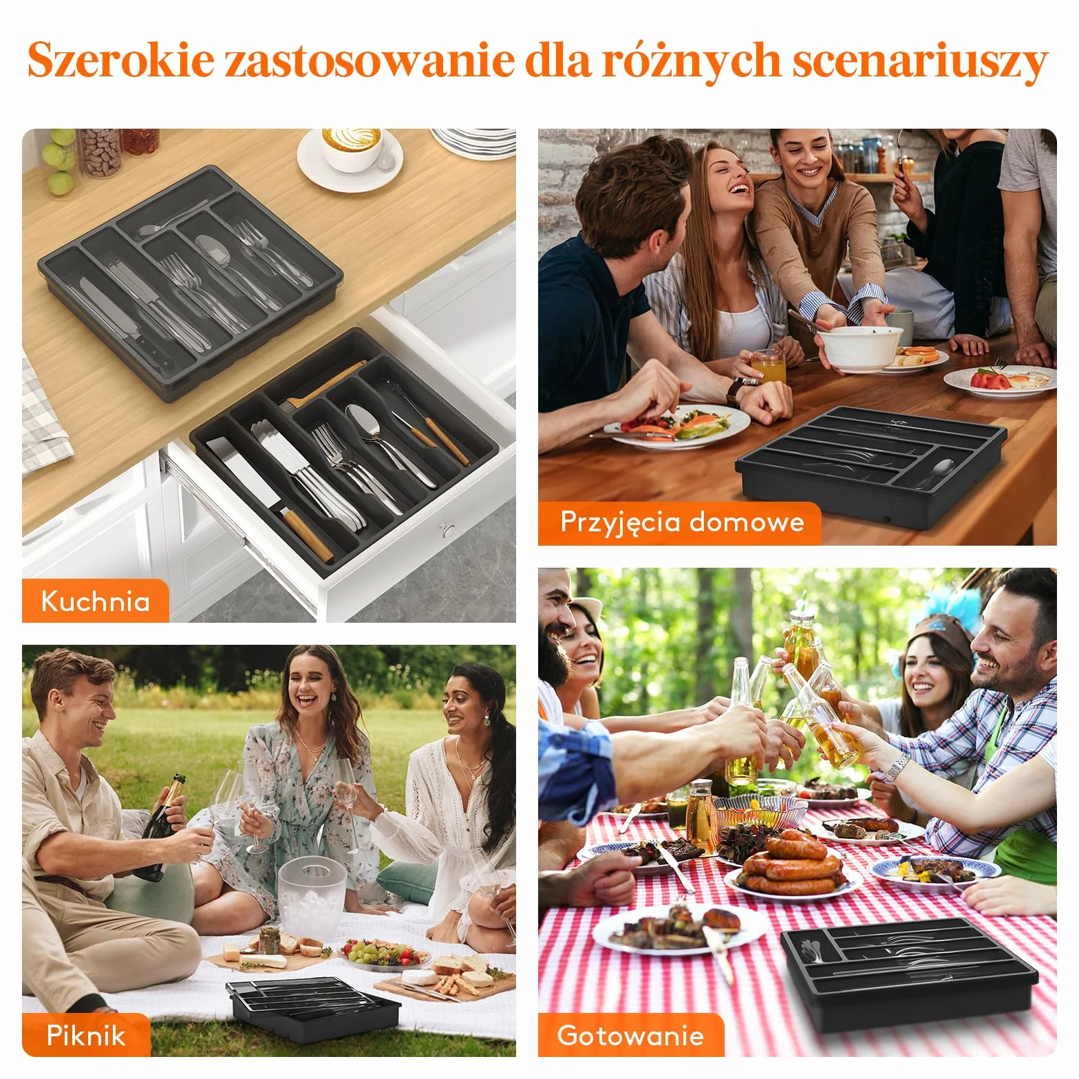 Taca na sztućce Lifewit z pokrywką, pojemnik na sztućce do szuflady kuchennej i na blat, plastikowa szuflada na sztućce, organizer na łyżki, widelce, noże, 6 przegródek, czarny