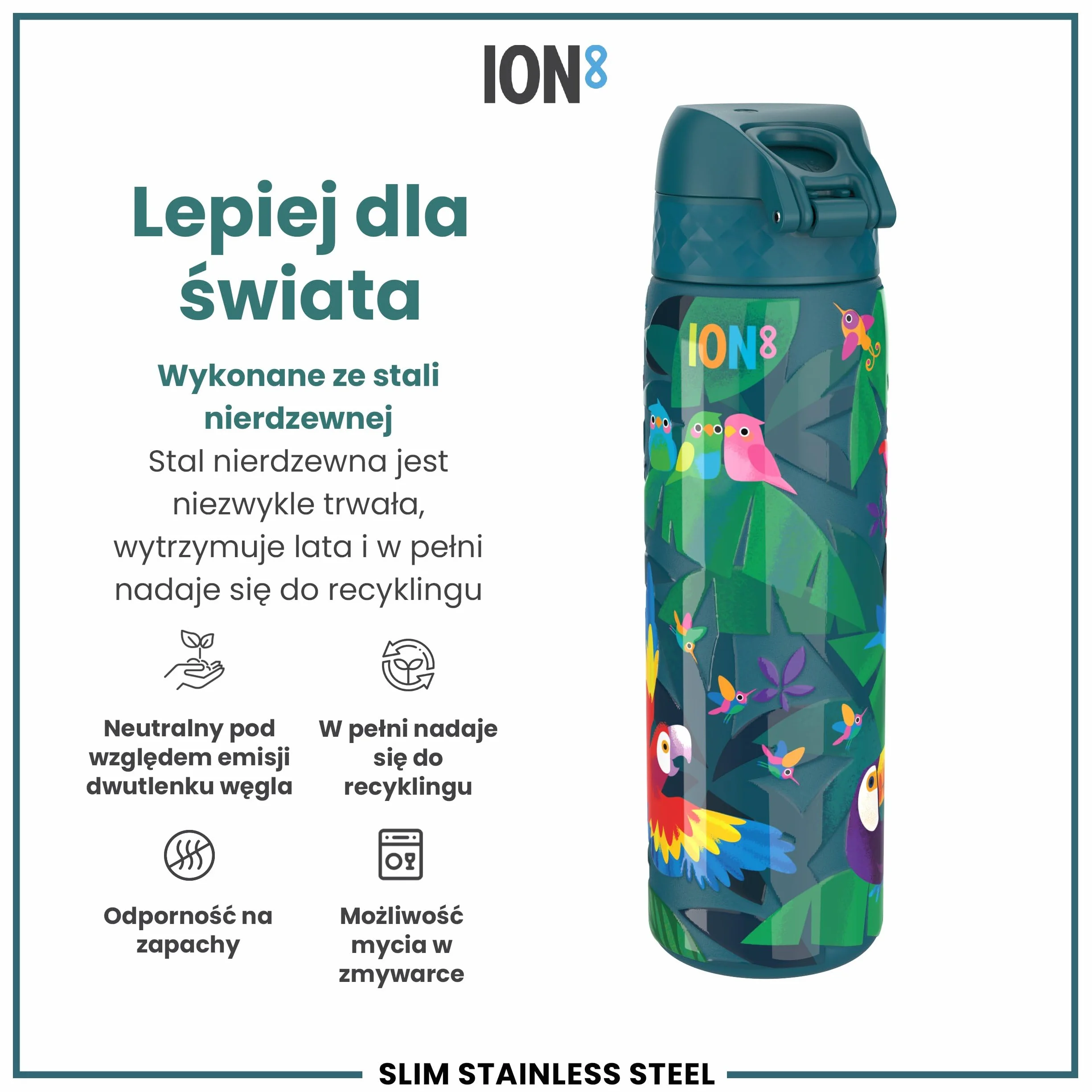 ION8 Butelka na Wodę ze Stali 600 ml Nieocieplany Szczelna Łatwe Otwieranie Bezpieczny Zamek