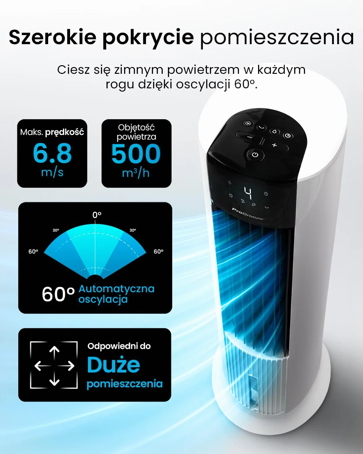 Pro Breeze OmniAir 7L 4w1 przenośny wentylator wieżowy z nawilżaczem, pilotem, oscylacją, 10-godzinnym timerem i trybem uśpienia