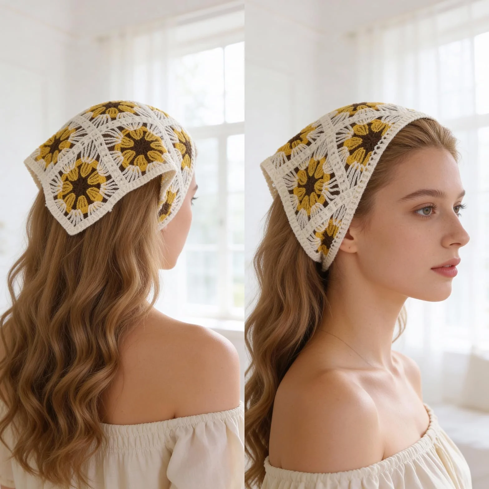 4 sztuki damskich chustek na głowę w stylu boho, trójkątna chusta, elastyczne nakrycie głowy, szydełkowane, chusta na głowę do wiązania, chusty na głowę dla kobiet