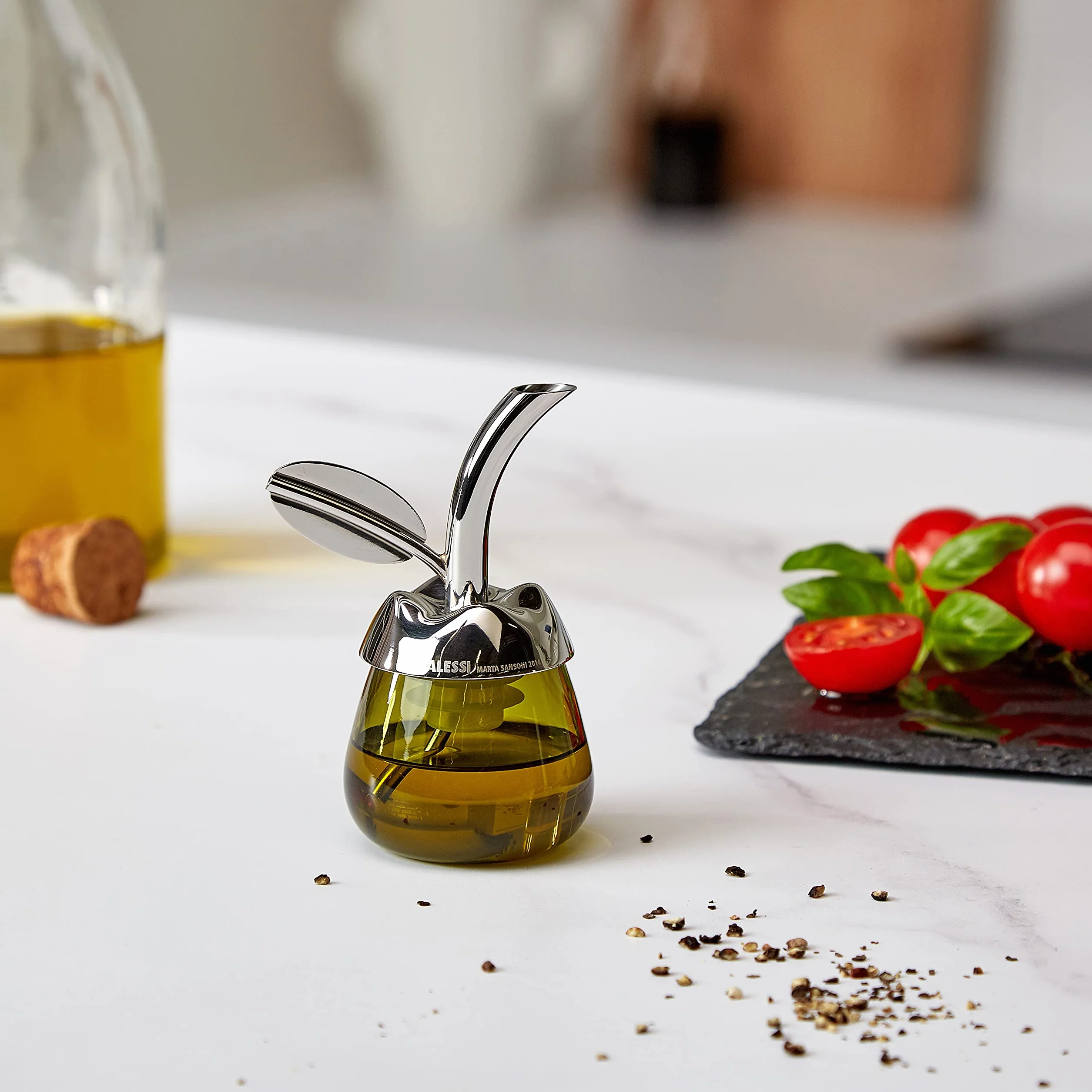 Alessi Fior d'olio szklany pojemnik na oliwę z lejkiem ze stali nierdzewnej 6x8,5x5 cm