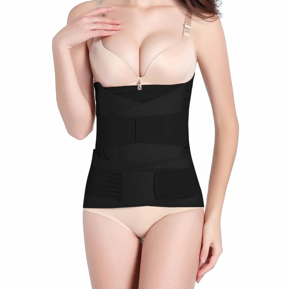 OKPOW 3 w 1 opaska na brzuch po porodzie pas po porodzie damski pas na brzuch wsparcie regeneracji gorset owijany, Czarny, Plus Size for Weight over 190lbs