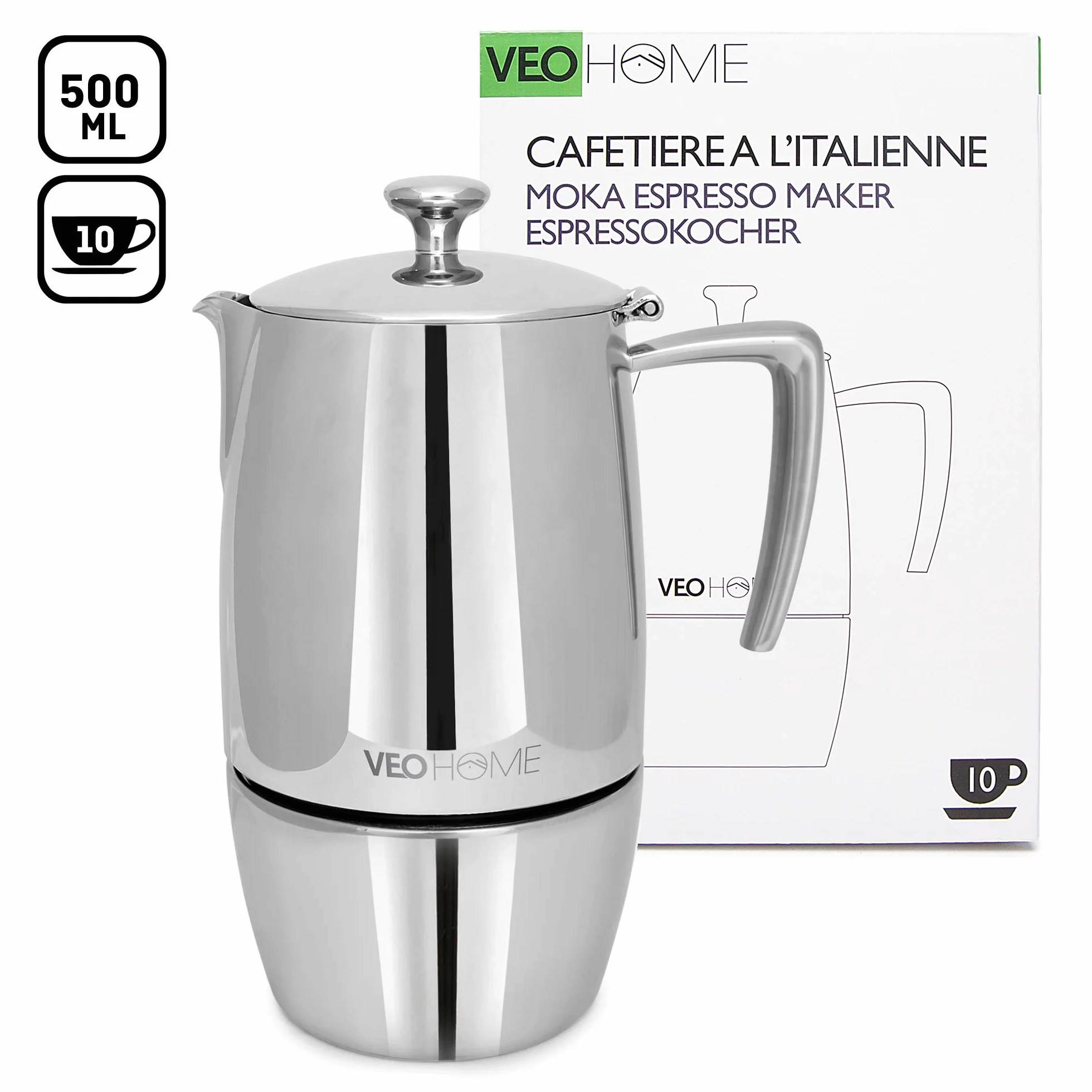 VeoHome Mokka Pot zaparzacz do espresso 10 filiżanek 500 ml stal nierdzewna indukcyjna