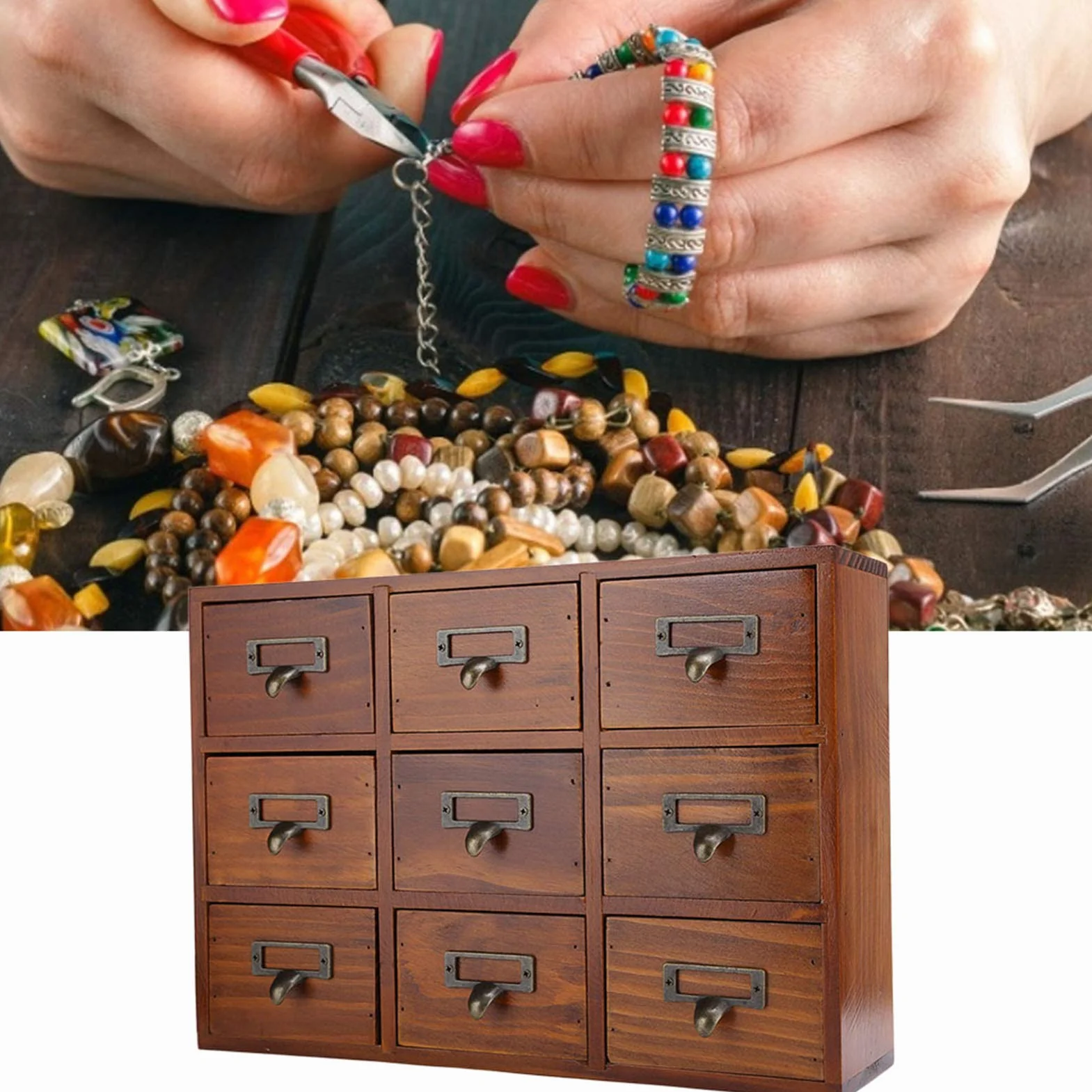 Fockety Drewniany organizer na biurko w stylu vintage z 9 szufladami, szafka aptekarska, komody i szafki aptekarza, pudełko do przechowywania ziół, meble w stylu vintage - niebieski, na